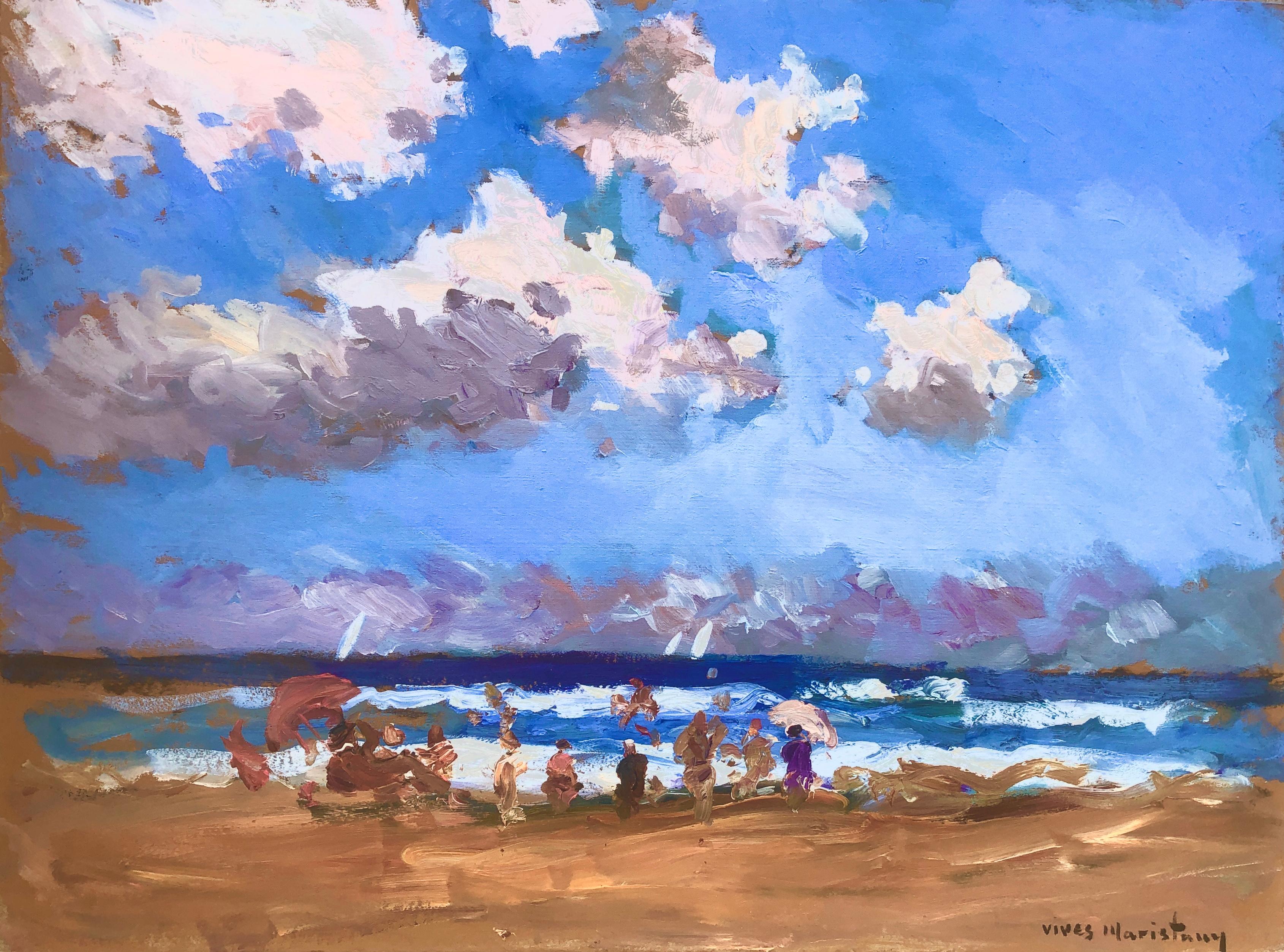 Joan Vives Maristany Landscape Painting - Beach's day oil on cardboard painting impressionist seascape Spain