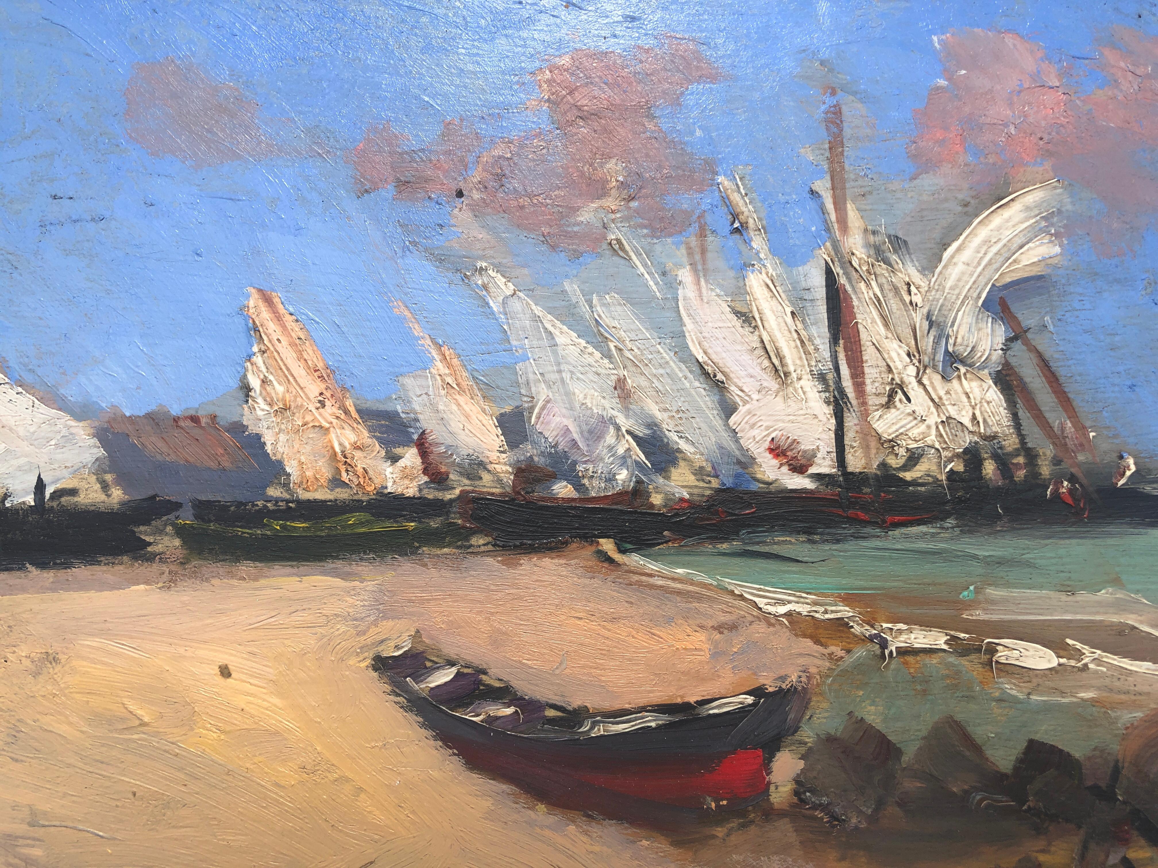 Boats on the beach oil on board painting impressionist seascape - Purple Landscape Painting by Joan Vives Maristany