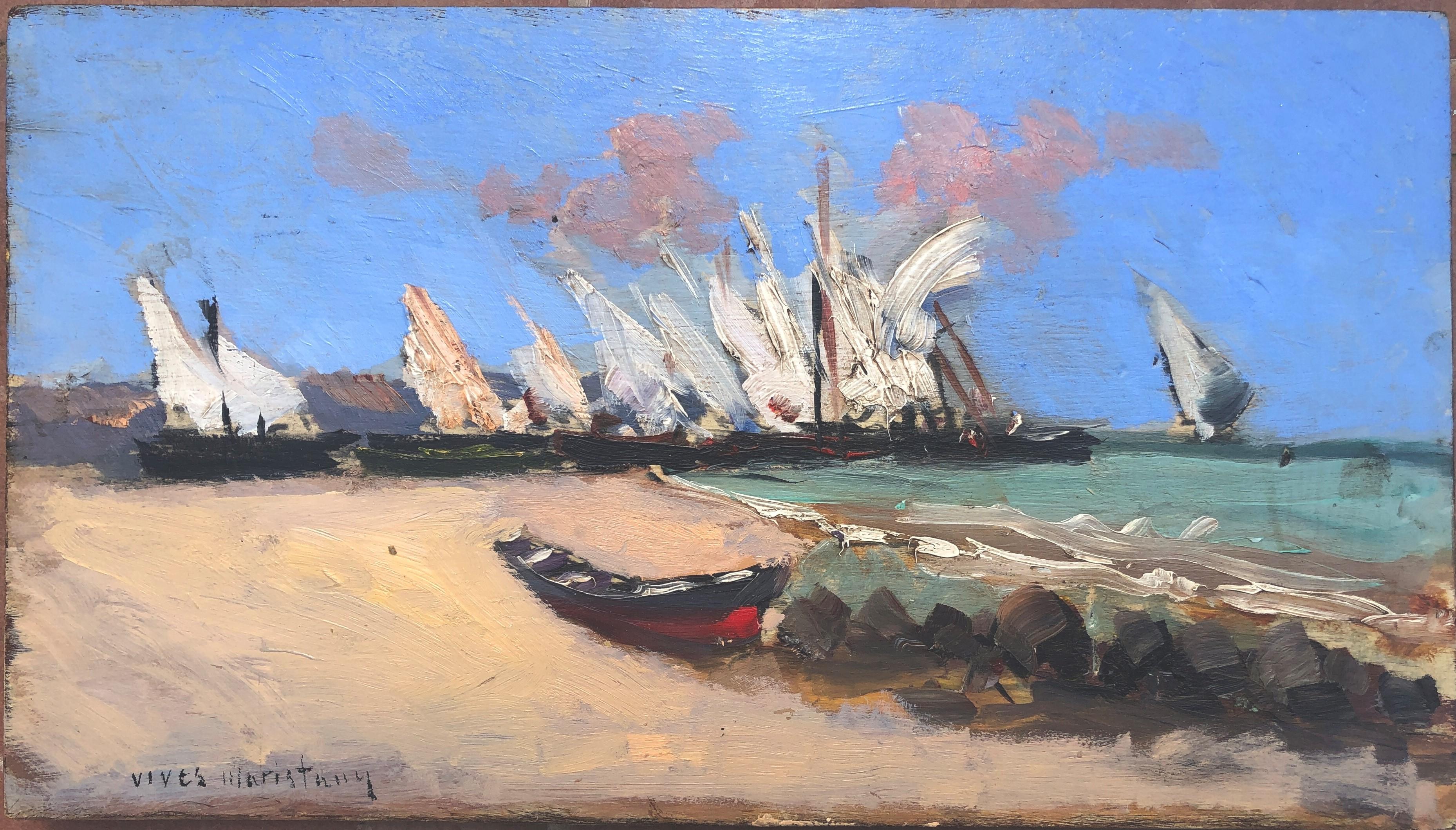 Joan Vives Maristany Landscape Painting - Boats on the beach oil on board painting impressionist seascape