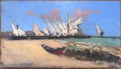 Vintage Boats on the beach oil on board painting impressionist seascape