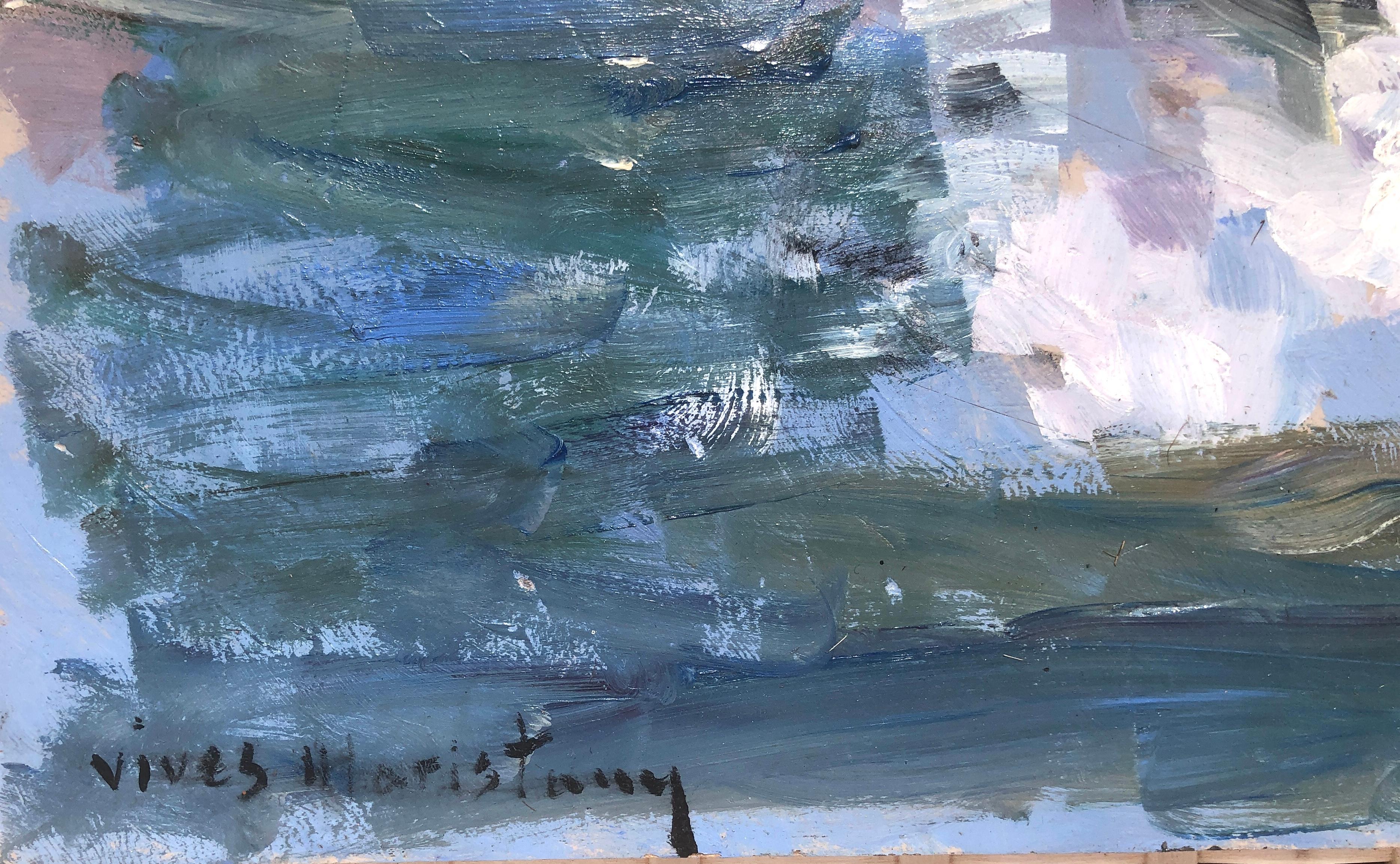 Peinture à l'huile sur toile impressionniste de Cadaques - Paysage marin espagnol - Painting de Joan Vives Maristany