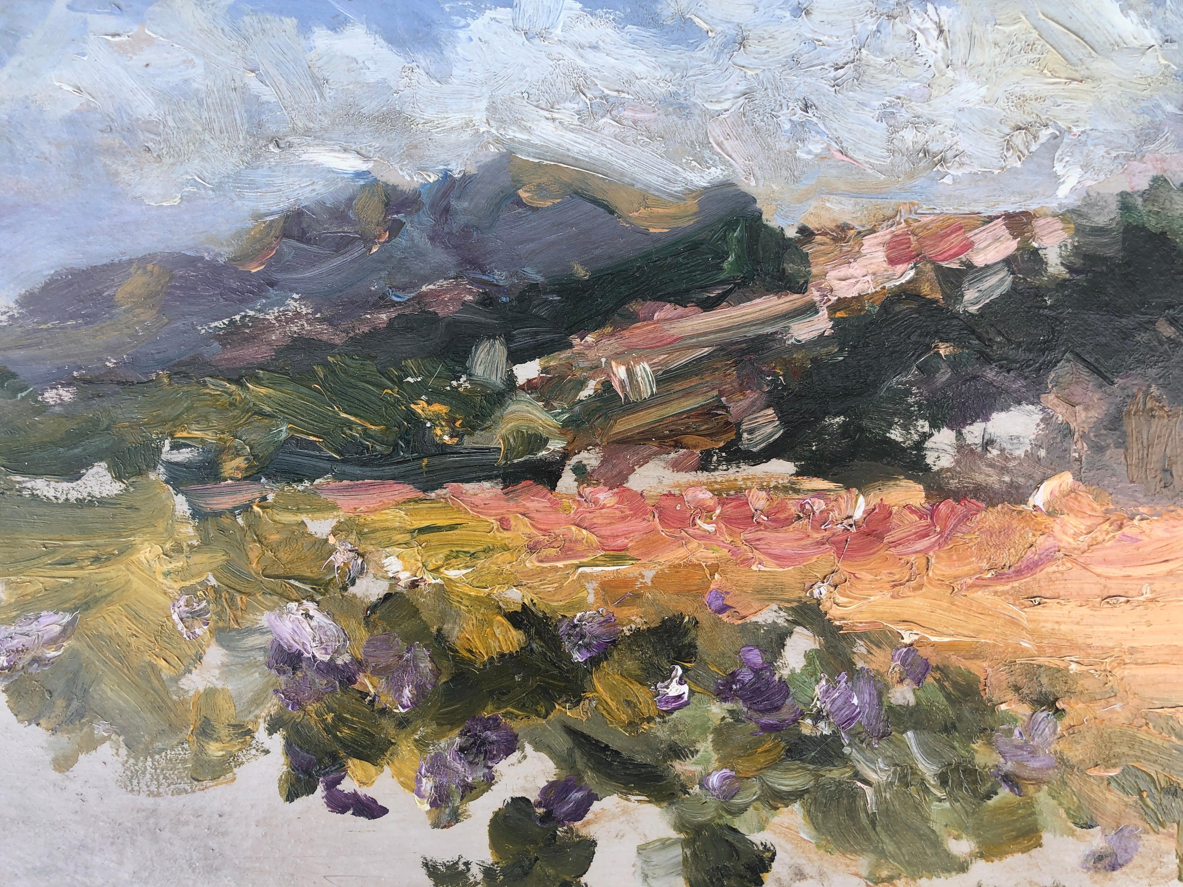 Granada landscape Spain oil on cardboard painting impressionist - Gray Landscape Painting by Joan Vives Maristany