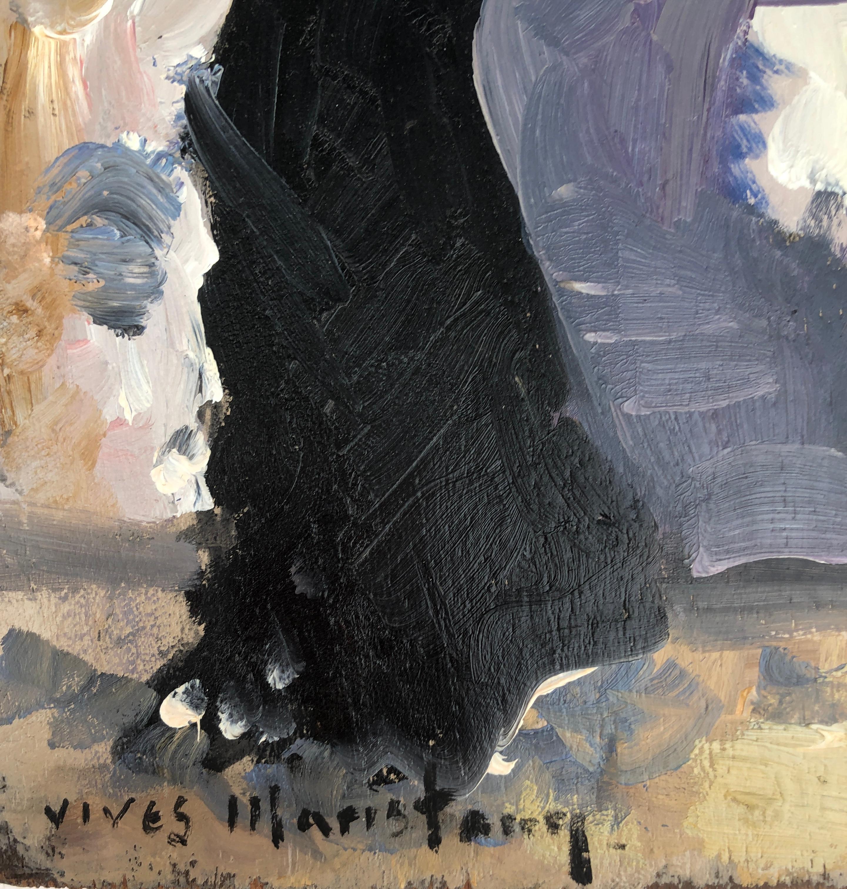Mourning woman, Ölgemälde auf Karton, impressionistisches Gemälde – Painting von Joan Vives Maristany