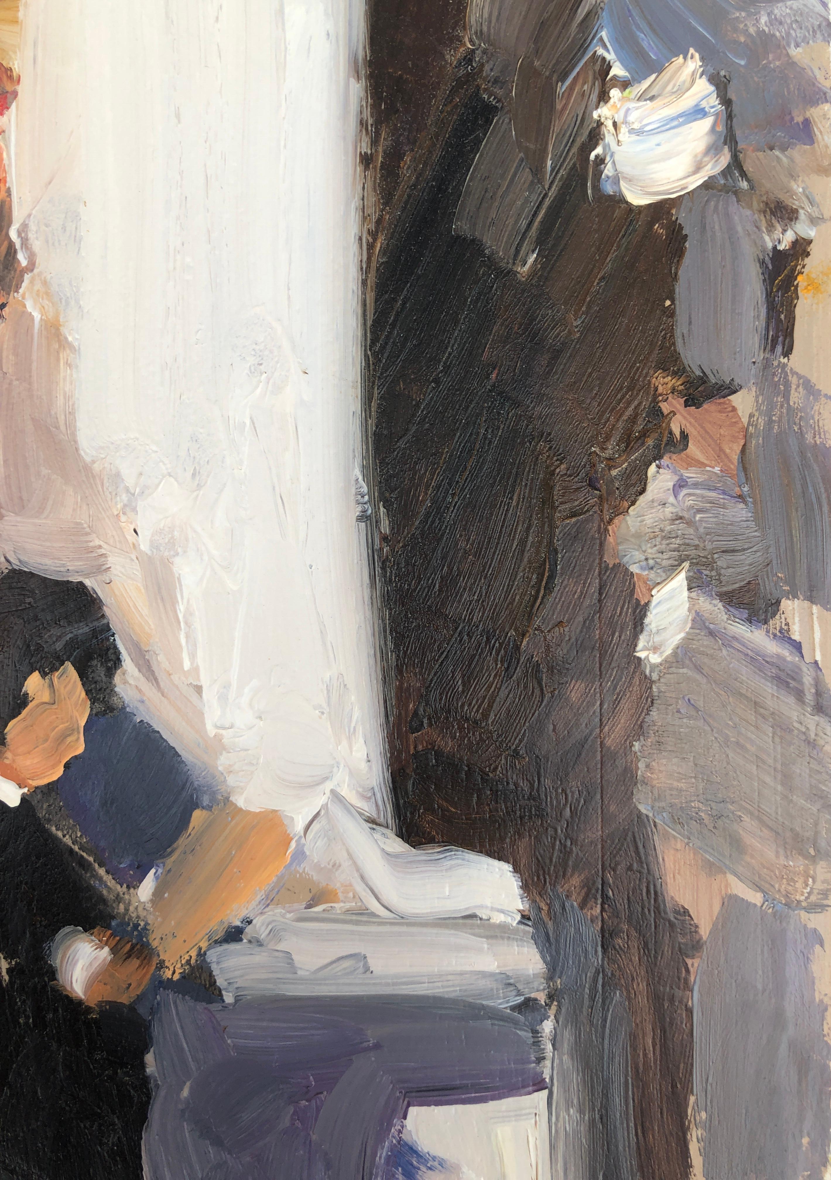 Mourning woman, Ölgemälde auf Karton, impressionistisches Gemälde (Grau), Portrait Painting, von Joan Vives Maristany