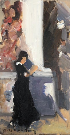 Mourning woman oil on board painting impressionist