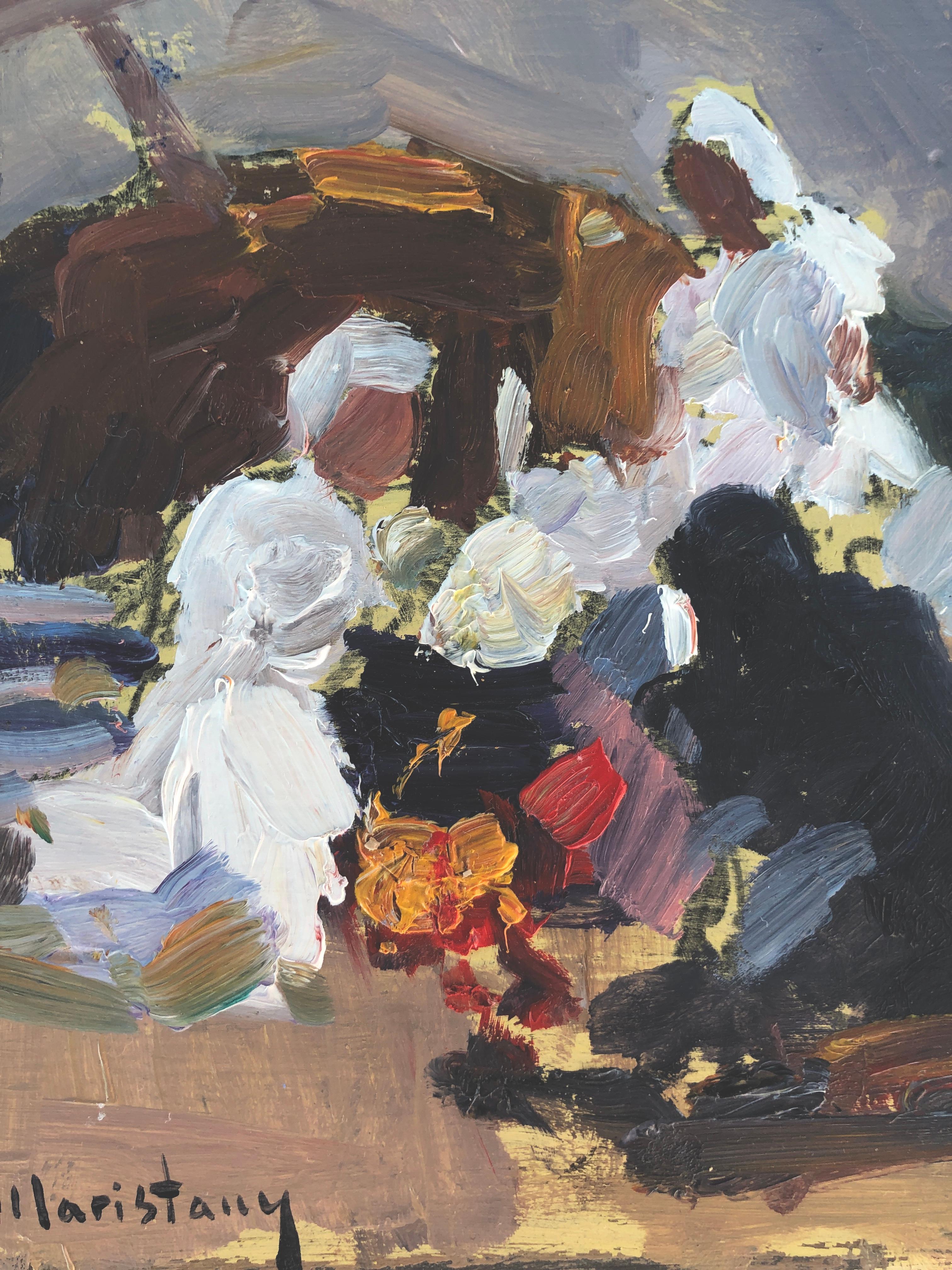 The beach huile sur carton peinture impressionniste paysage marin - Impressionnisme Painting par Joan Vives Maristany