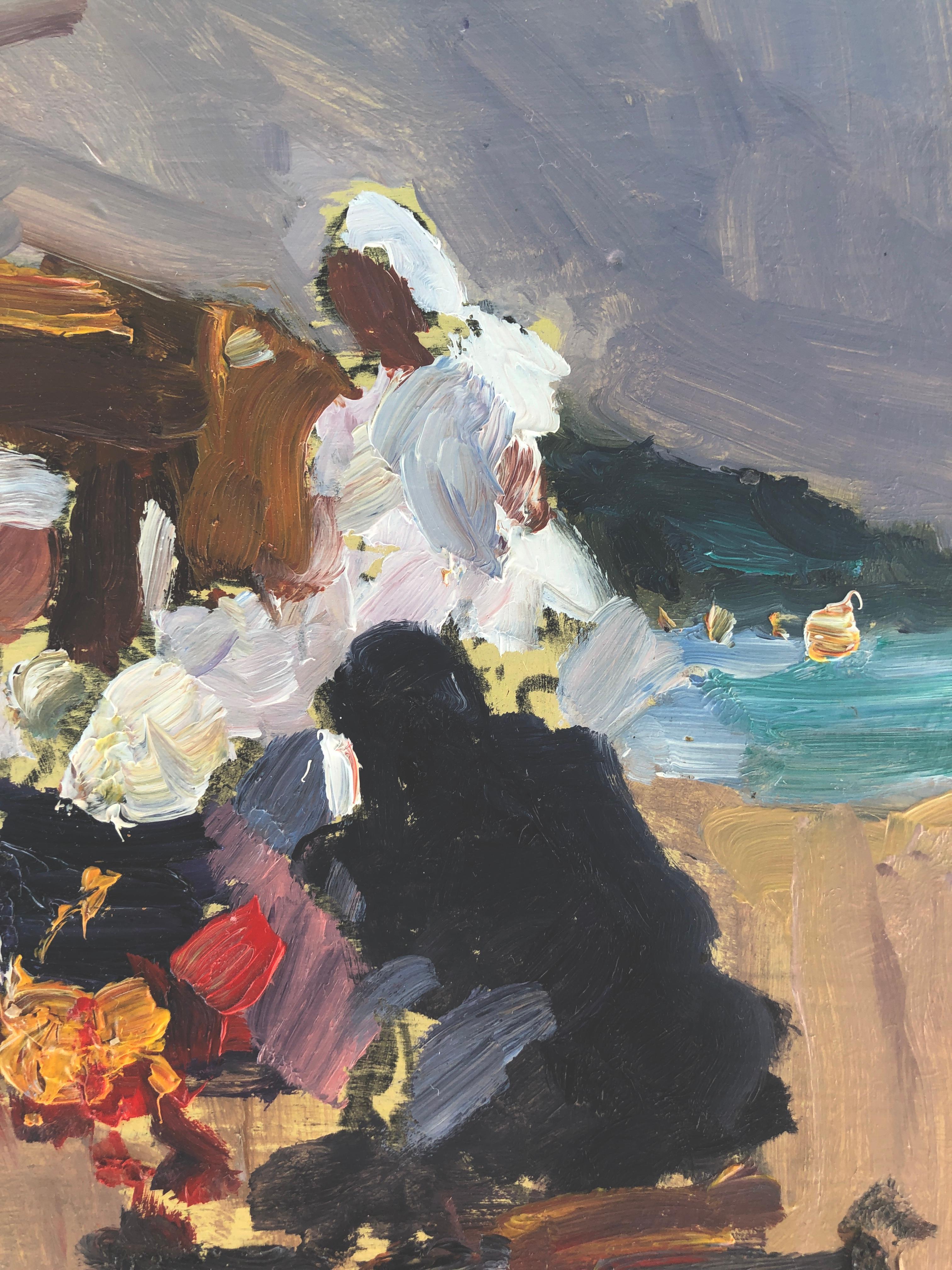 The beach huile sur carton peinture impressionniste paysage marin - Gris Portrait Painting par Joan Vives Maristany