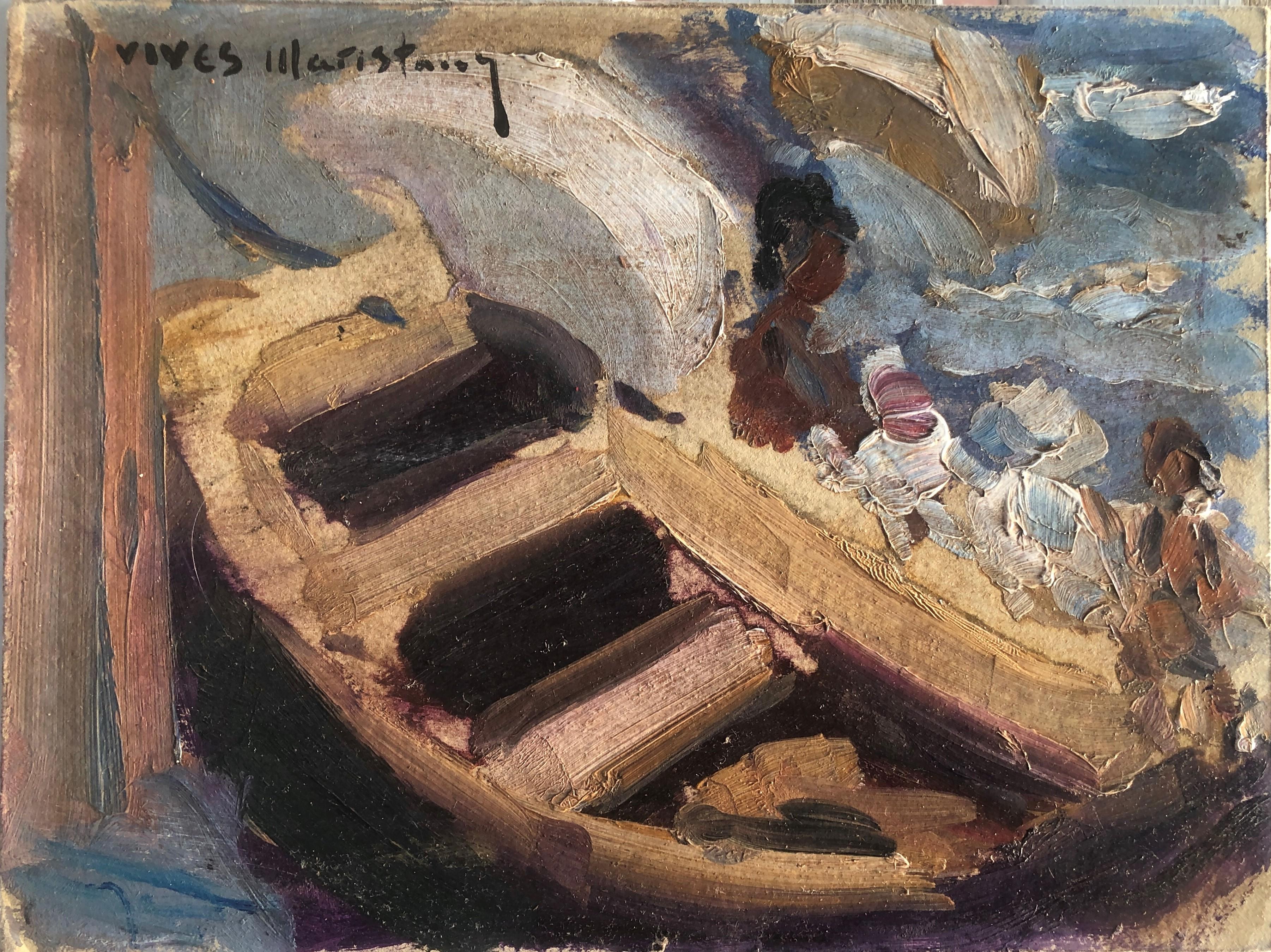 Joan Vives Maristany Landscape Painting - pleasure boat seascape Spain oil on cardboard painting impressionist