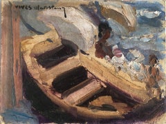 pleasure boat seascape Spain oil on cardboard painting impressionist
