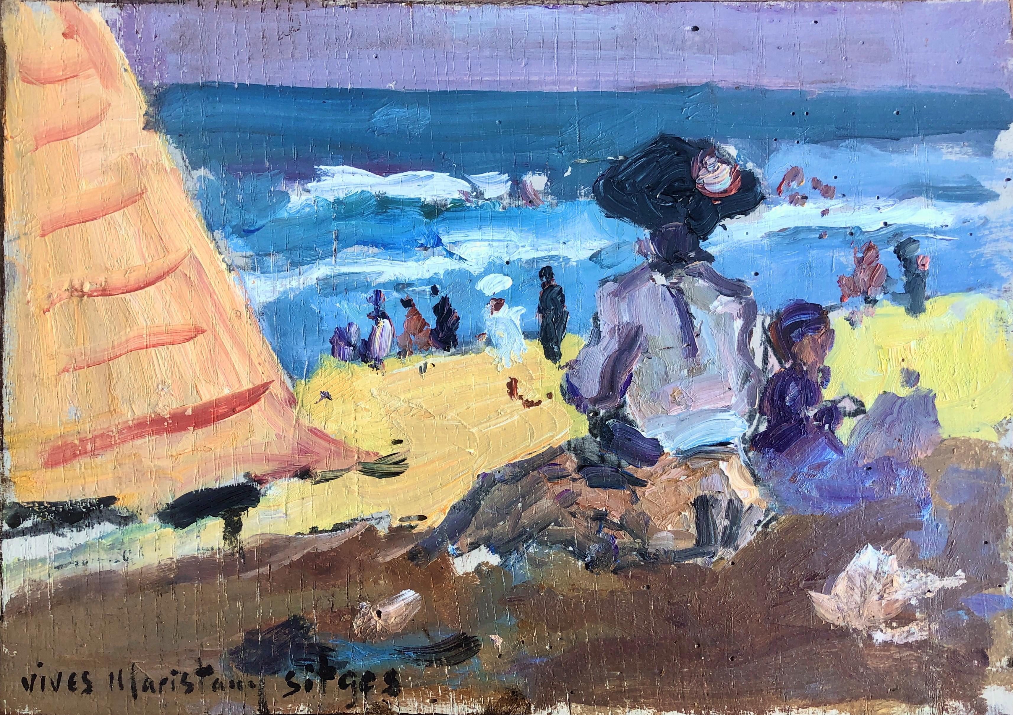 Joan Vives Maristany Portrait Painting - Sitges beach Barcelona Spain oil on board painting impressionist seascape