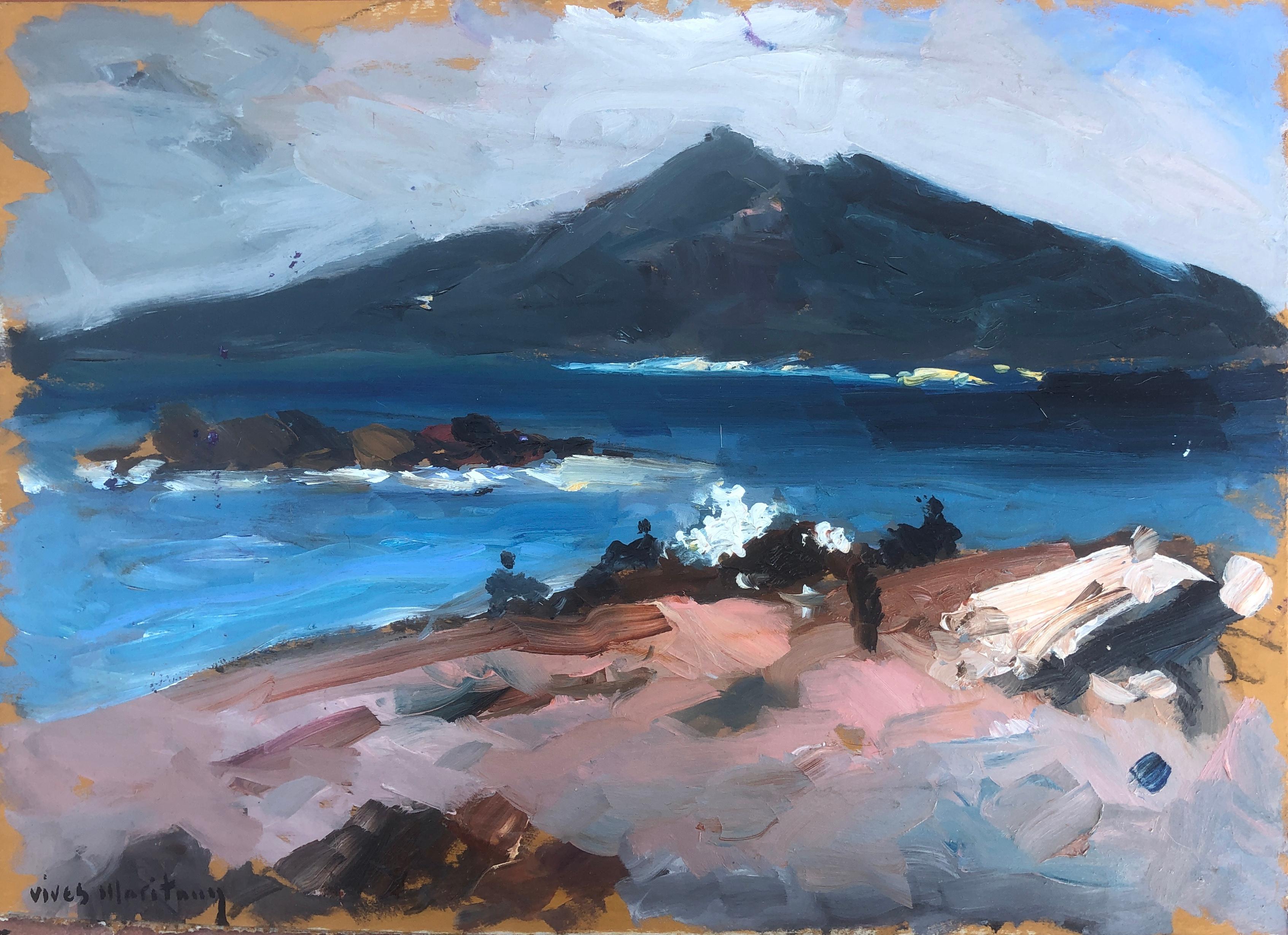 Joan Vives Maristany Landscape Painting - Spanish coastal landscape oil on cardboard painting impressionist seascape Spain