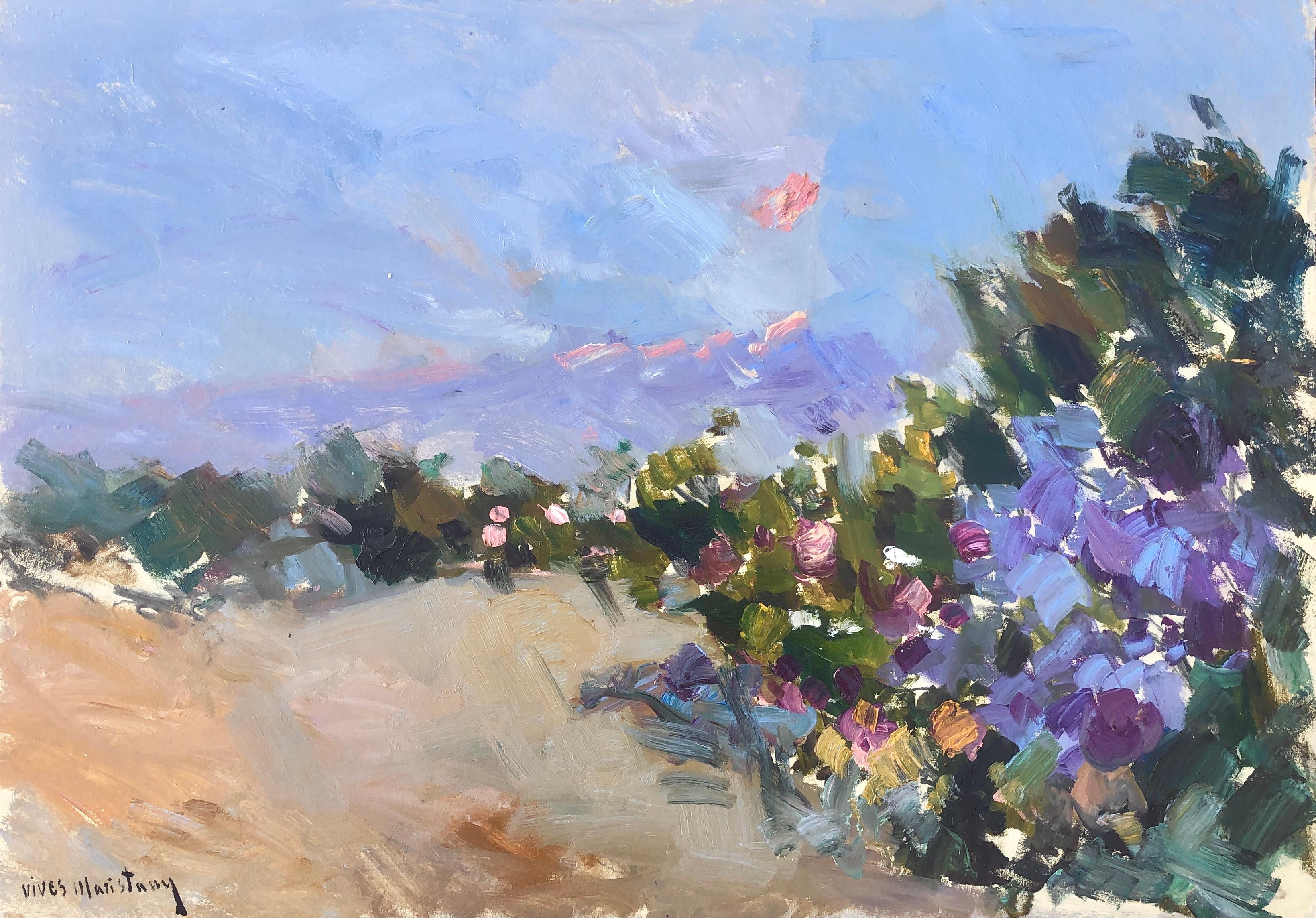 Joan Vives Maristany Landscape Painting - Spanish landscape oil on cardboard painting impressionism Spain