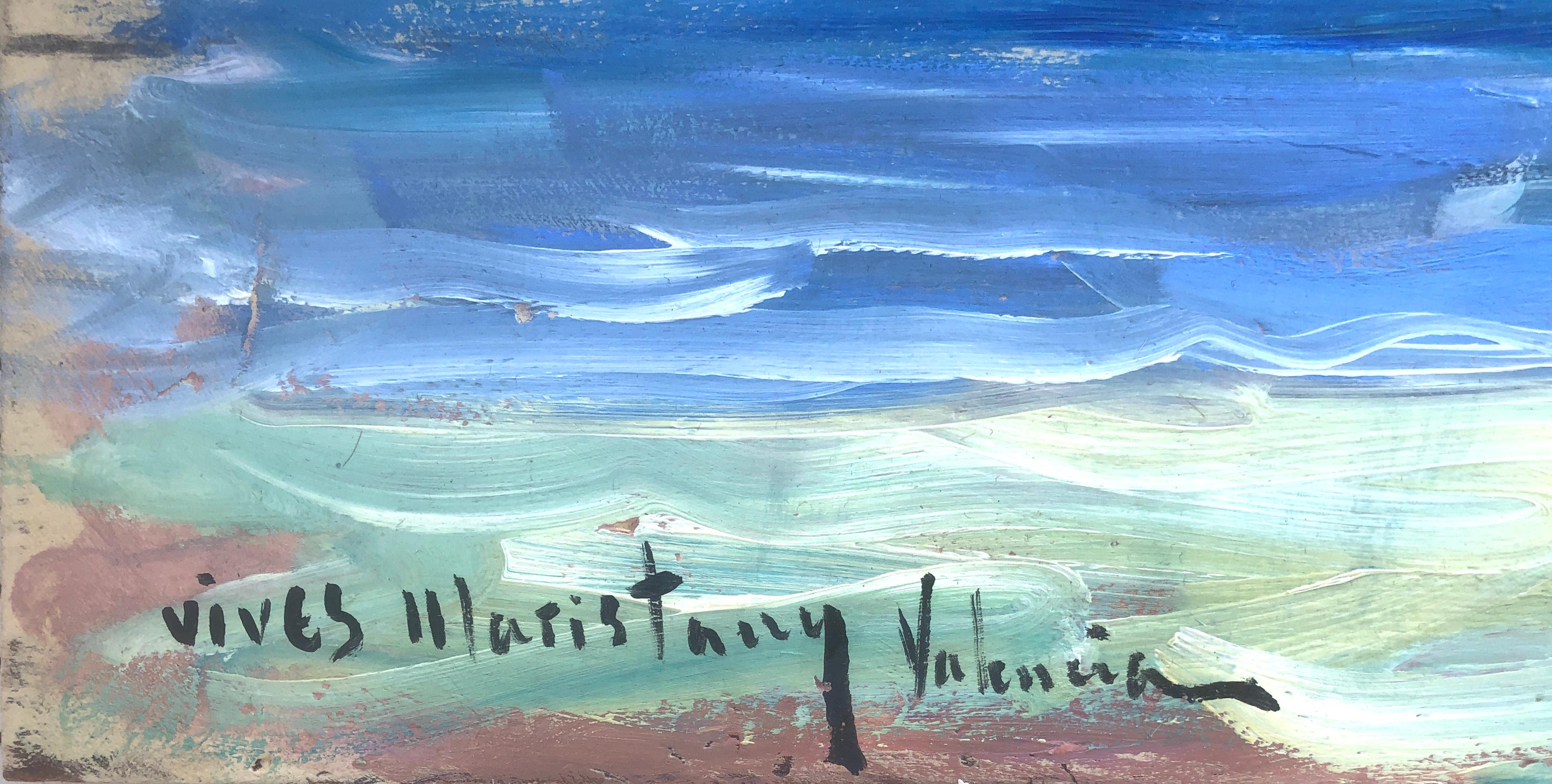 Spiaggia di Valencia olio su tavola pittura impressionismo Spagna paesaggio marino spagnolo - Painting di Joan Vives Maristany