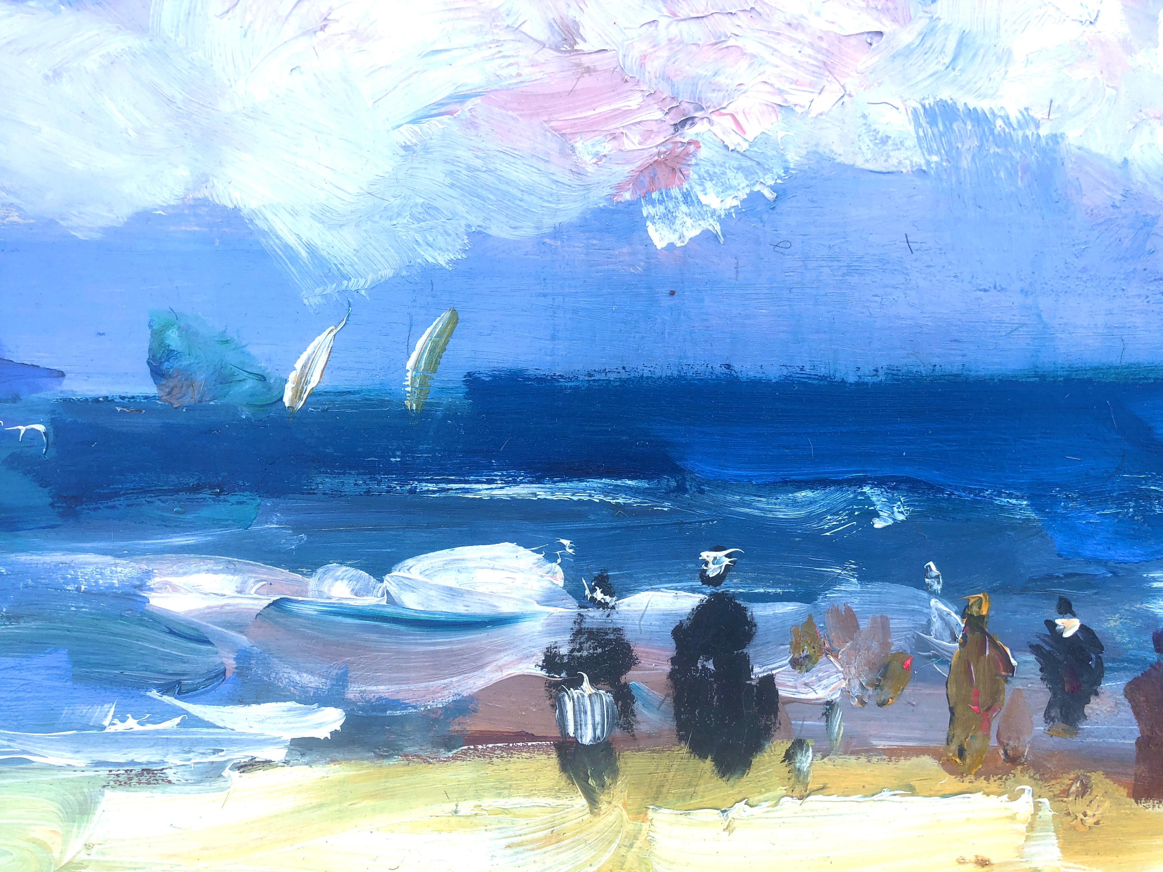 Spiaggia di Valencia olio su tavola pittura impressionismo Spagna paesaggio marino spagnolo - Landscape Painting Blu di Joan Vives Maristany