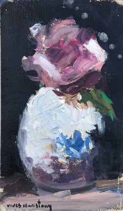 Vintage vase with rose still life oil on board painting