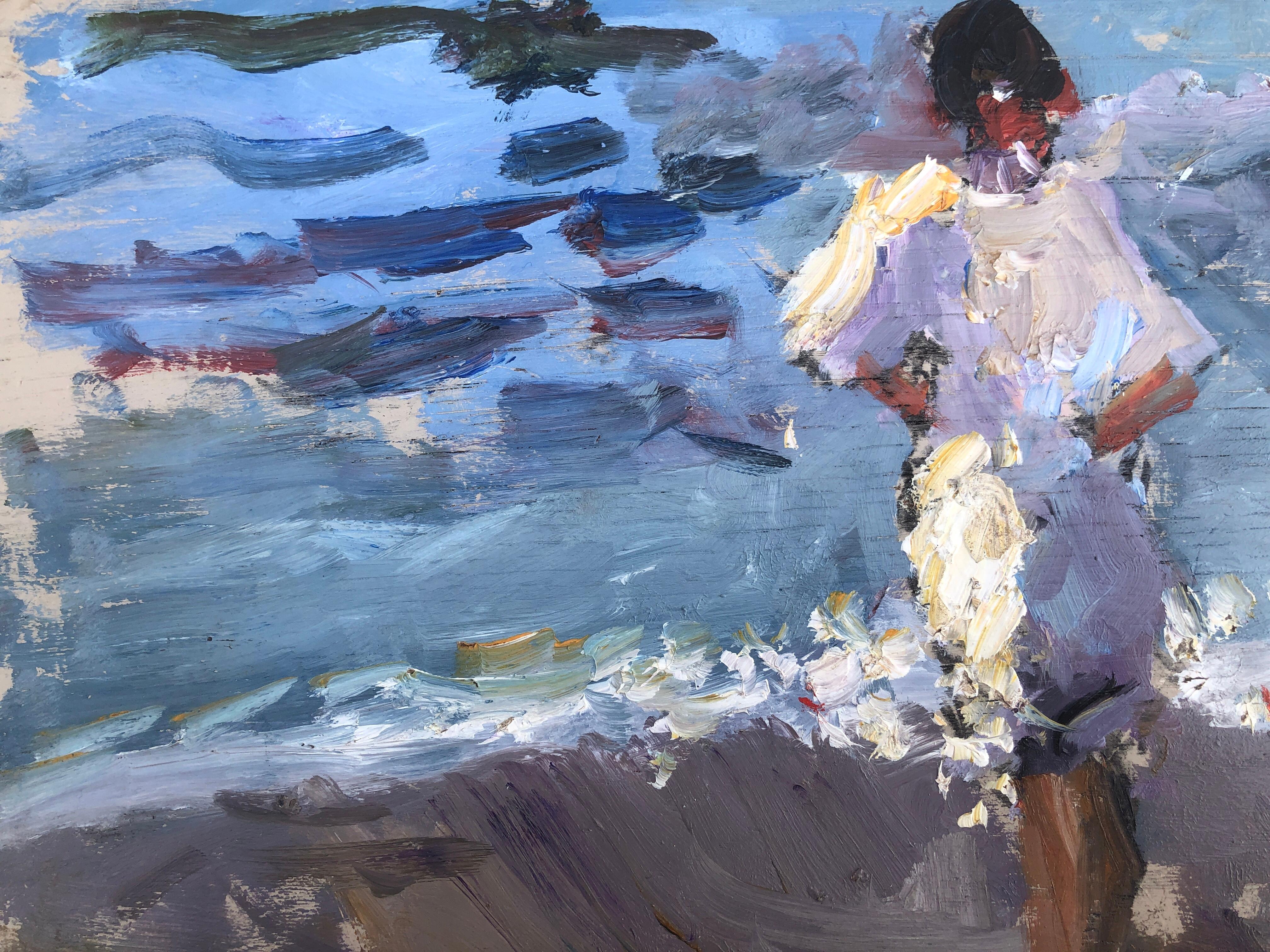 Woman on the beach of Valencia Spain oil on board painting impressionist - Gray Figurative Painting by Joan Vives Maristany