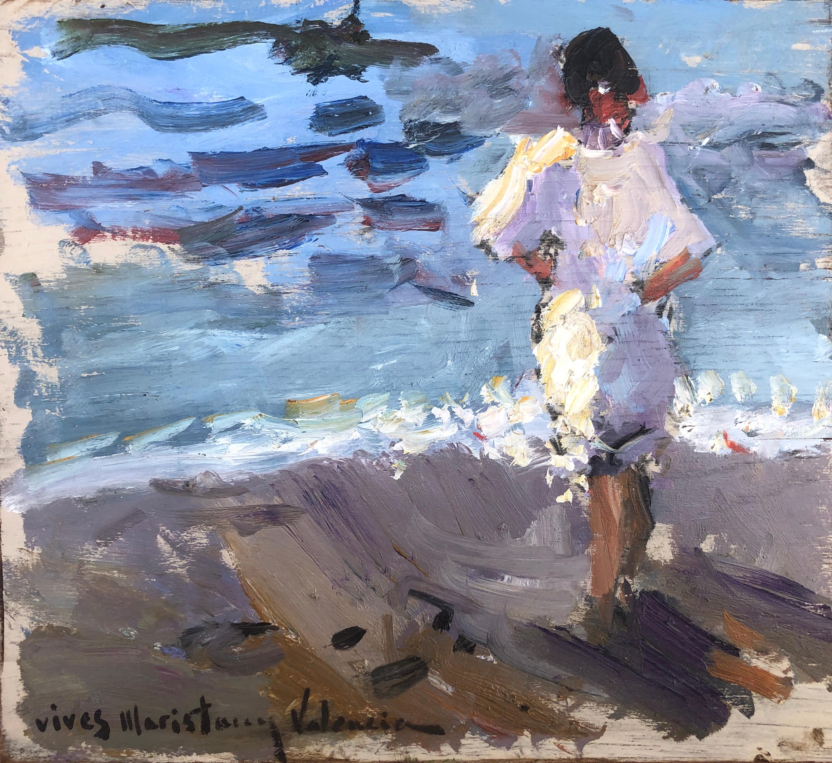 Joan Vives Maristany Figurative Painting - Woman on the beach of Valencia Spain oil on board painting impressionist