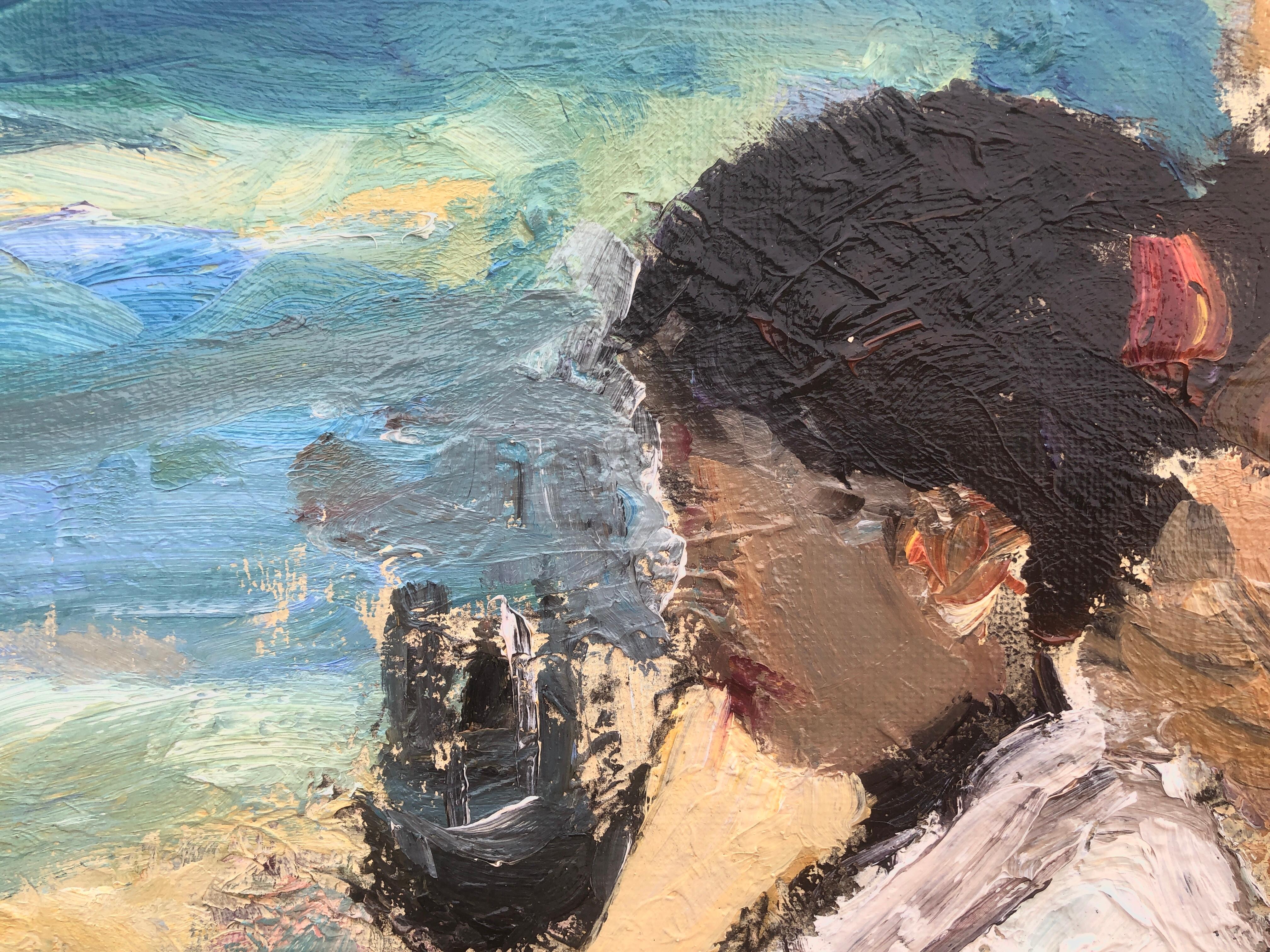 Woman on the beach - Espagne - Peinture à l'huile sur toile - Paysage marin impressionniste écossais - Gris Portrait Painting par Joan Vives Maristany