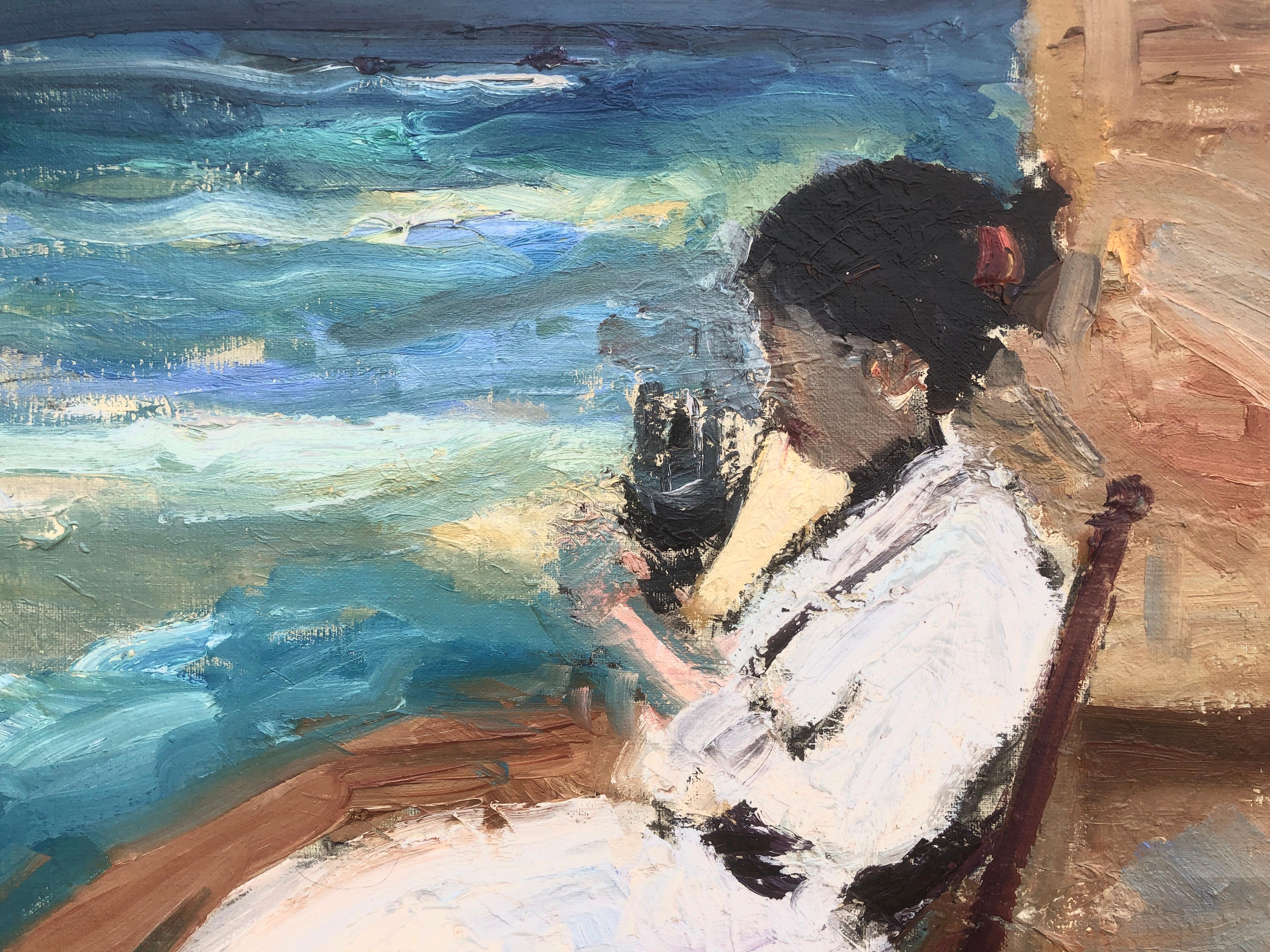 Woman on the beach Spain oil on canvas painting impressionist spanish seascape - Gray Portrait Painting by Joan Vives Maristany