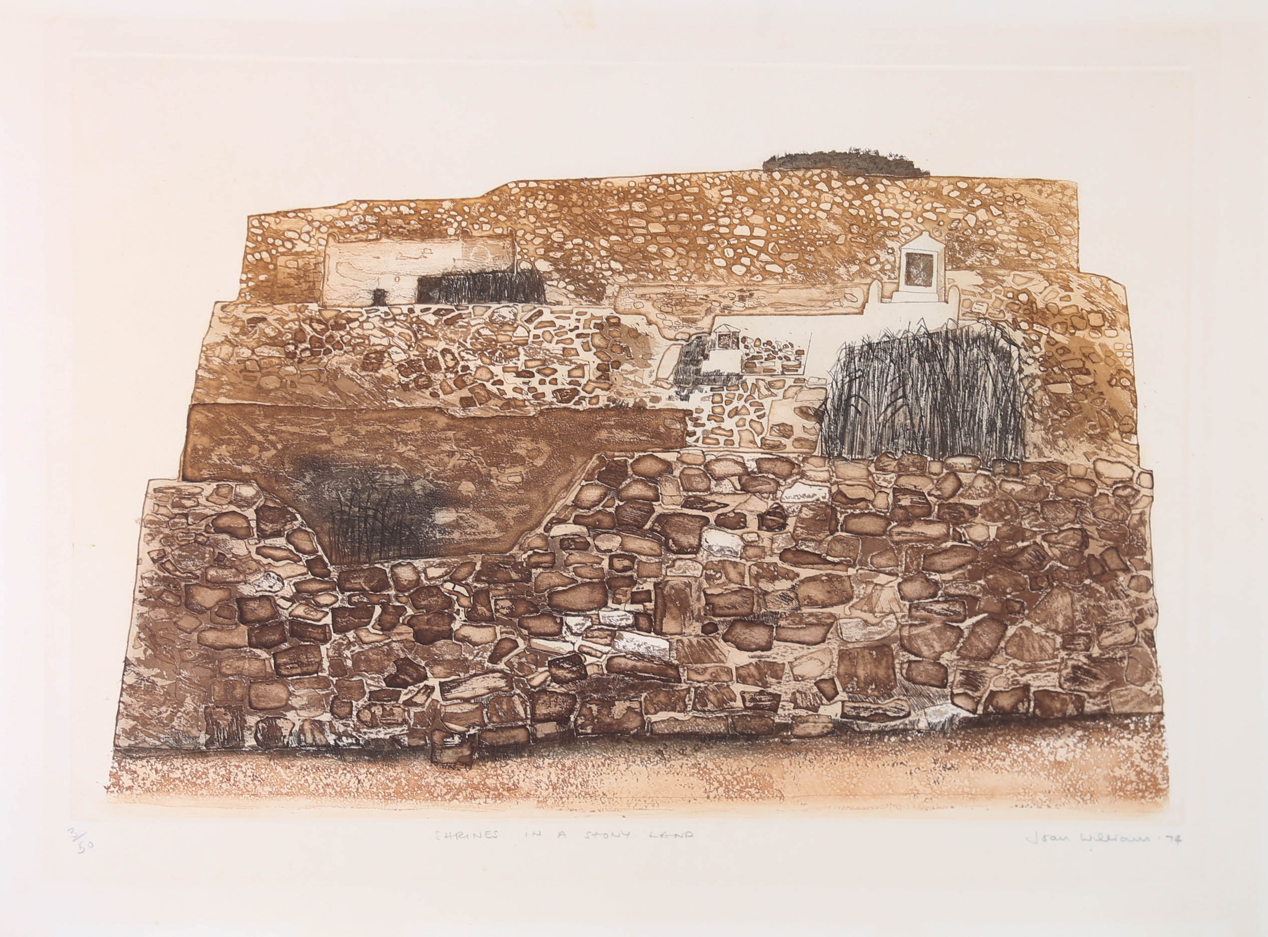 A copper toned modernist landscape by Printmaker Joan William, depicting shrines surrounded by open stony fields. The etching has been signed, dated, and numbered (3/50) to the lower edge. On high quality printing paper.





