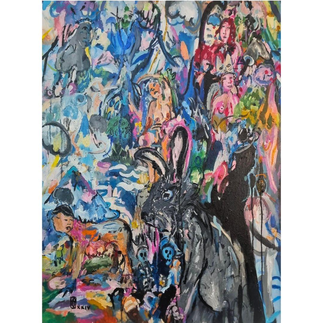 "Entre a Loba e o Coelho", 2024
Acrilico e carboncino su tela
Dimensioni: 92 x 72 cm (36,2 x 28,3 pollici)

"Entre a Loba e o Coelho" (Tra il lupo e il coniglio) di Joana Antunes è un'opera di grande impatto visivo che fonde temi mistici con colori