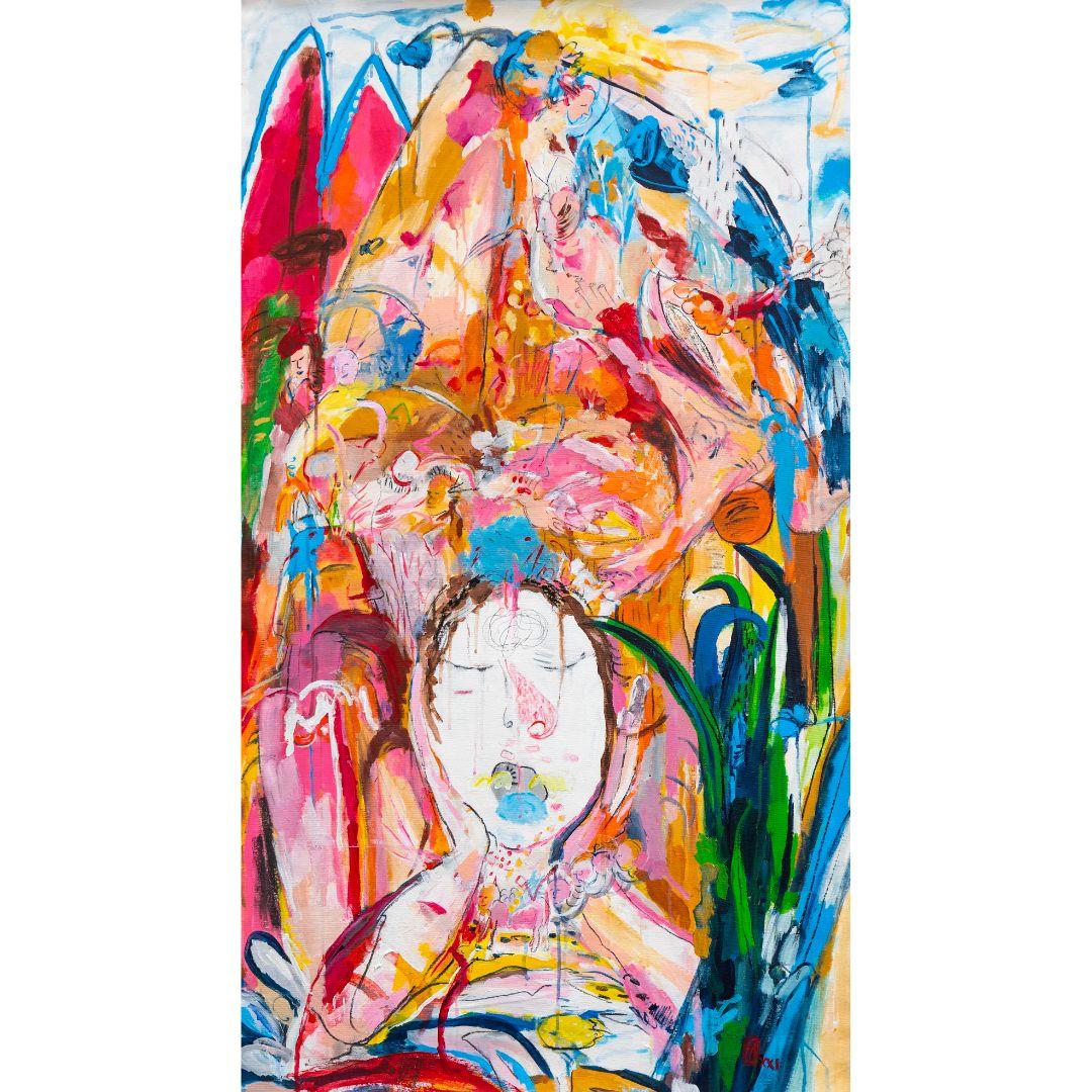 "Chiudi gli occhi e immagina che le nuvole siano commestibili" dell'artista portoghese Joana Antunes è un'opera vivida e di grande impatto emotivo, realizzata con acrilico e carboncino su tela. Con dimensioni di 147 x 80 cm (57,9 x 31,5 pollici),
