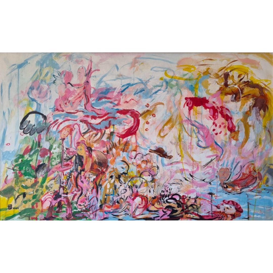 "Nas Asas do Desejo", 2024
Acrilico e carboncino su tela
Dimensioni: 70 x 115 cm (19,5 x 45,3 pollici)

"Nas Asas do Desejo" (tradotto come Sulle ali del desiderio) è un'incantevole opera di Joana Antunes che incarna il suo stile caratteristico