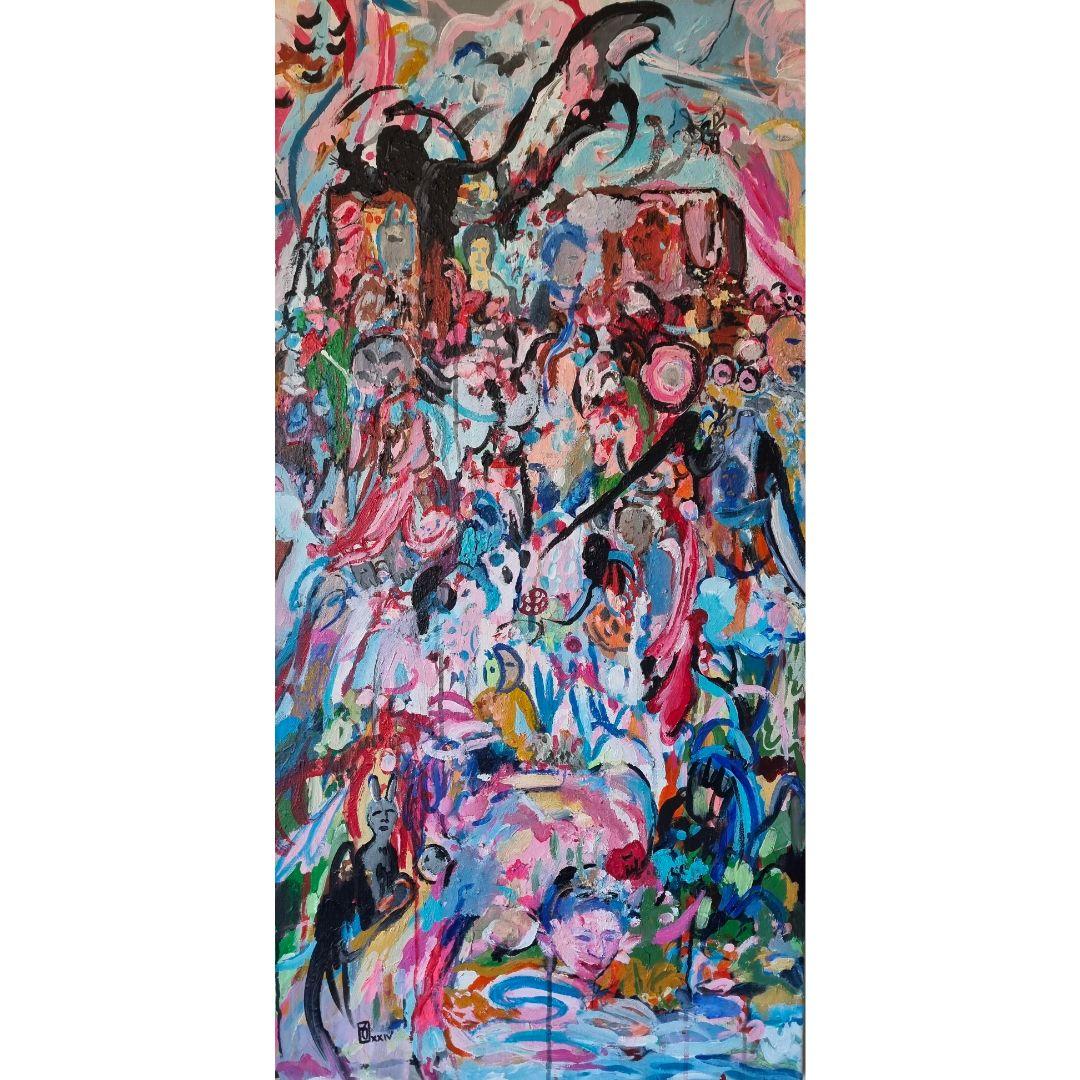 "Um Outro Encanto", 2024
Acrilico e carboncino su tela
Dimensioni: 100 x 50 cm (39,4 x 19,7 pollici)

Descrizione del dipinto:
"Um Outro Encanto" (Un altro incanto) di Joana Antunes è un'opera d'arte visivamente straordinaria e ricca di simboli.