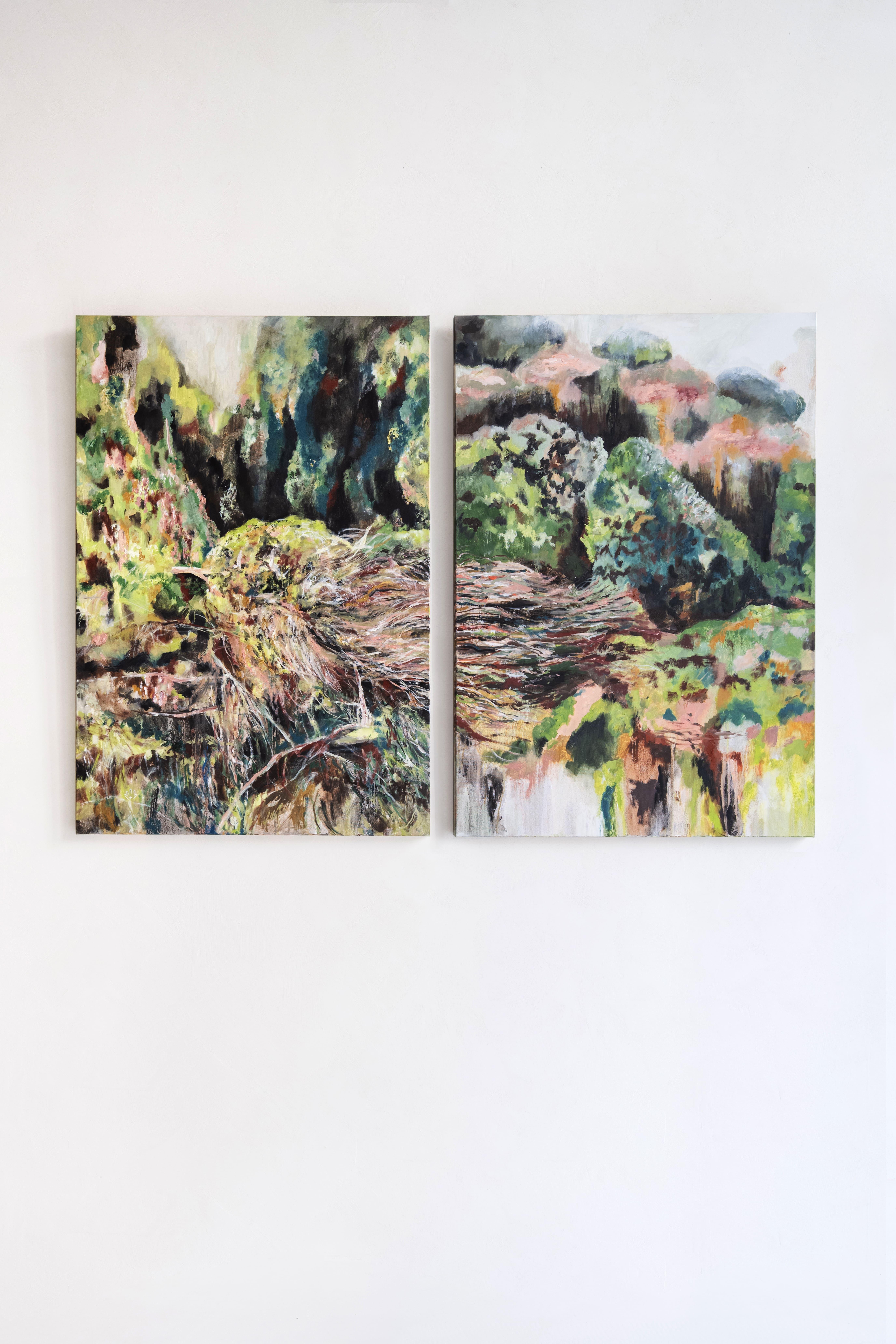 Organic Landscape Diptych, Abstract Oil Painting, 130x178 cm by Joana Santamans