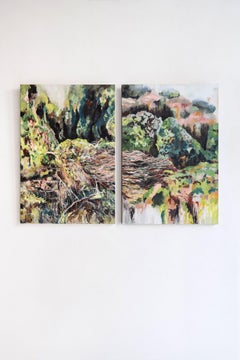 Diptyque paysage organique, peinture à l
huile abstraite, 130x178 cm par Joana Santamans