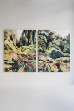 Diptyque paysage organique, peinture à l
huile abstraite, 200x300 cm par Joana Santamans