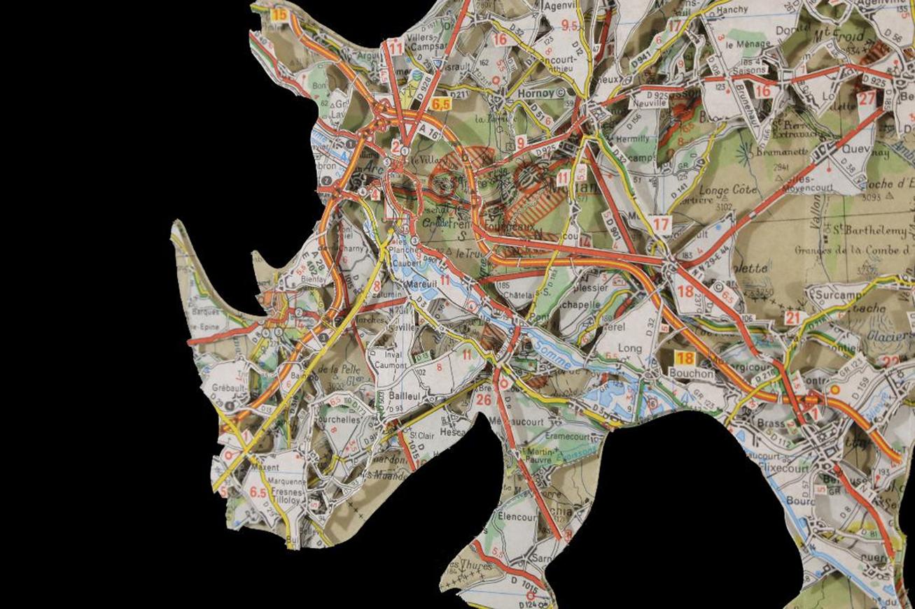 Rhinoceros, cutouts, maps, mapart, animal art, - Contemporary Mixed Media Art by Joanathan Bessaci