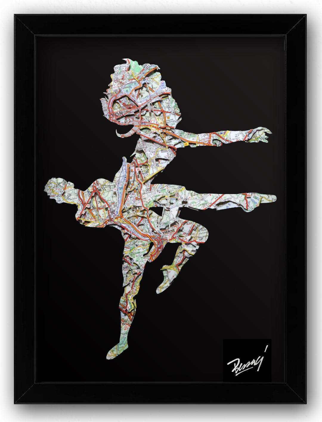 The Catch, cutouts, maps, dancers, silhouetted figures - Mixed Media Art by Joanathan Bessaci