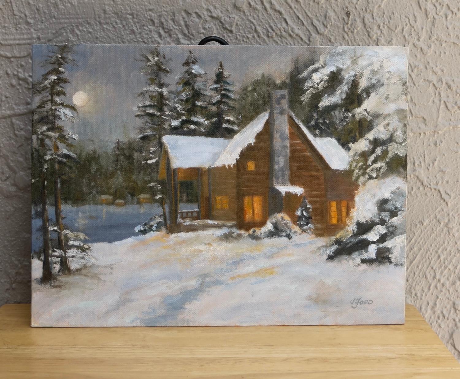 <p>Artist Comments<br />Growing up in Minnesota, artist Joanie Ford loved the winter days, ice fishing, and when snow blanketed the trees. This oil painting reflects her fond memories of the place. The soft glow from the moon and the warm light from