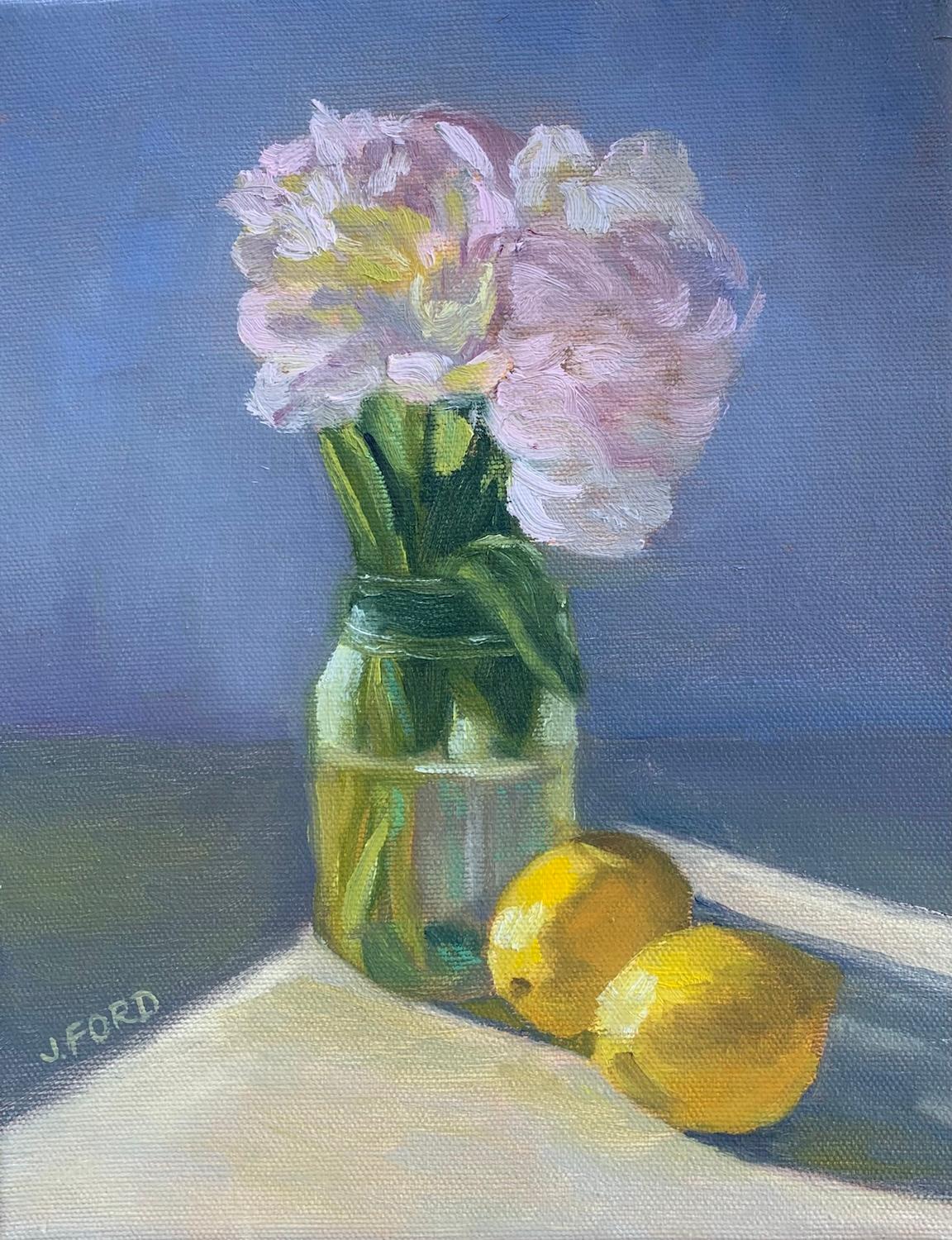 Joanie Ford Still-Life Painting - Flowers and Lemons, Oil Painting