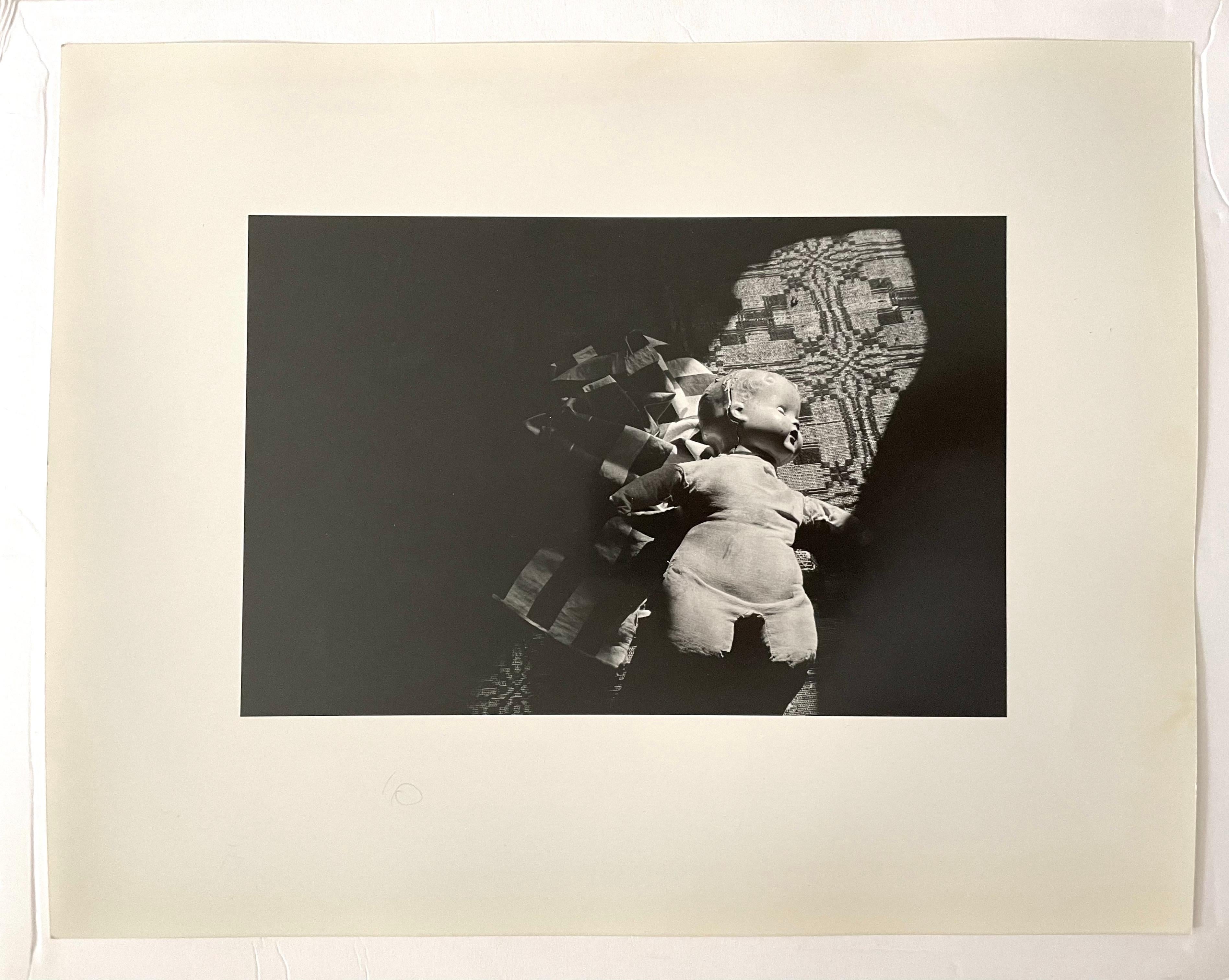 Vintage Silver Gelatin Photograph Surrealist Doll Art Photo, Jazz Photographer - Black Black and White Photograph by JoAnn Krivin