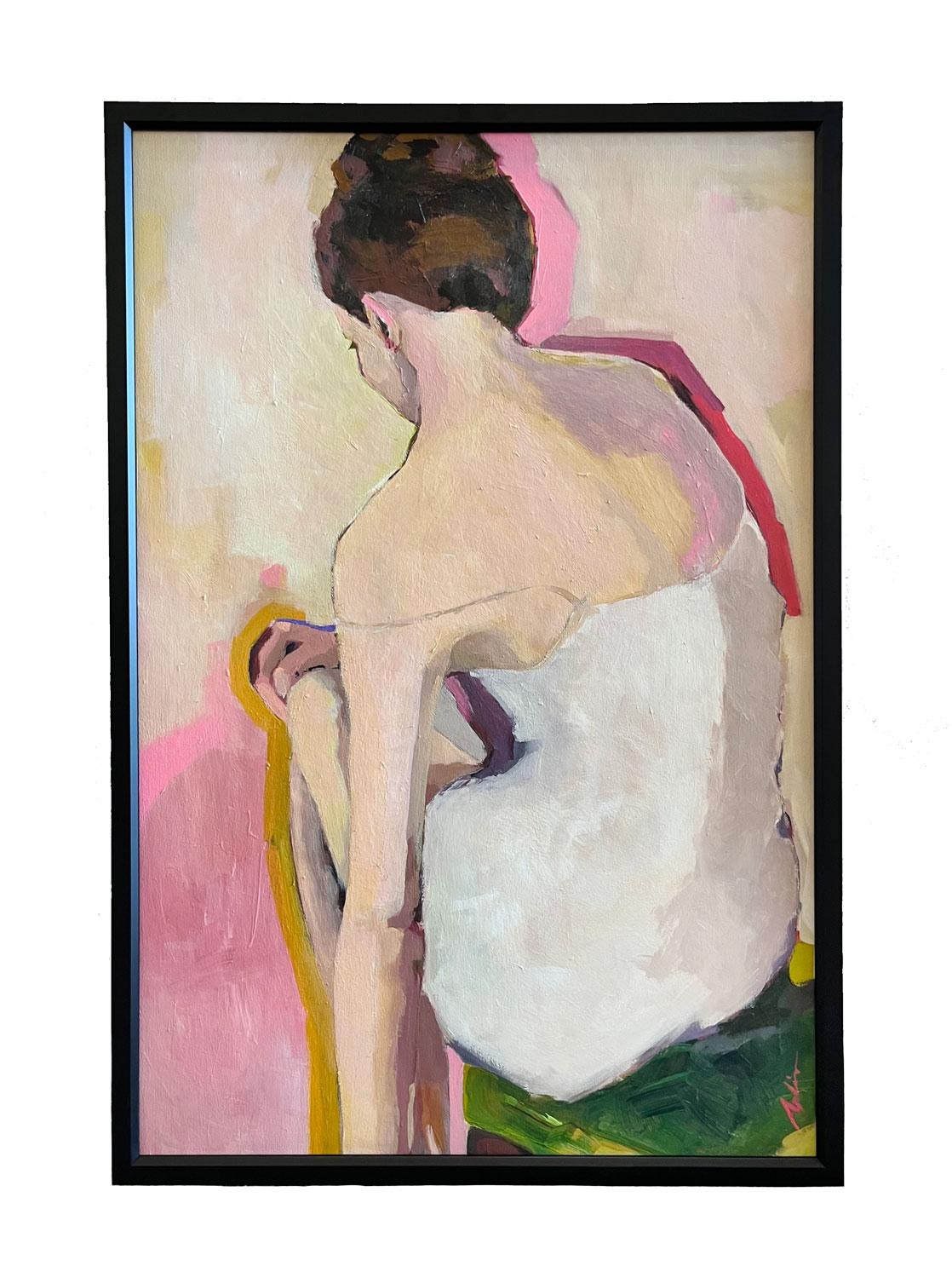 Joanna Aplin Figurative Painting - Days End, female figure in pink and white with white dress painted from the back