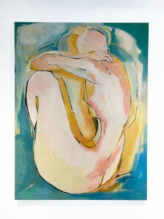 Whispers of Love 72" x 54", seated female nude in pink, yellow and teal