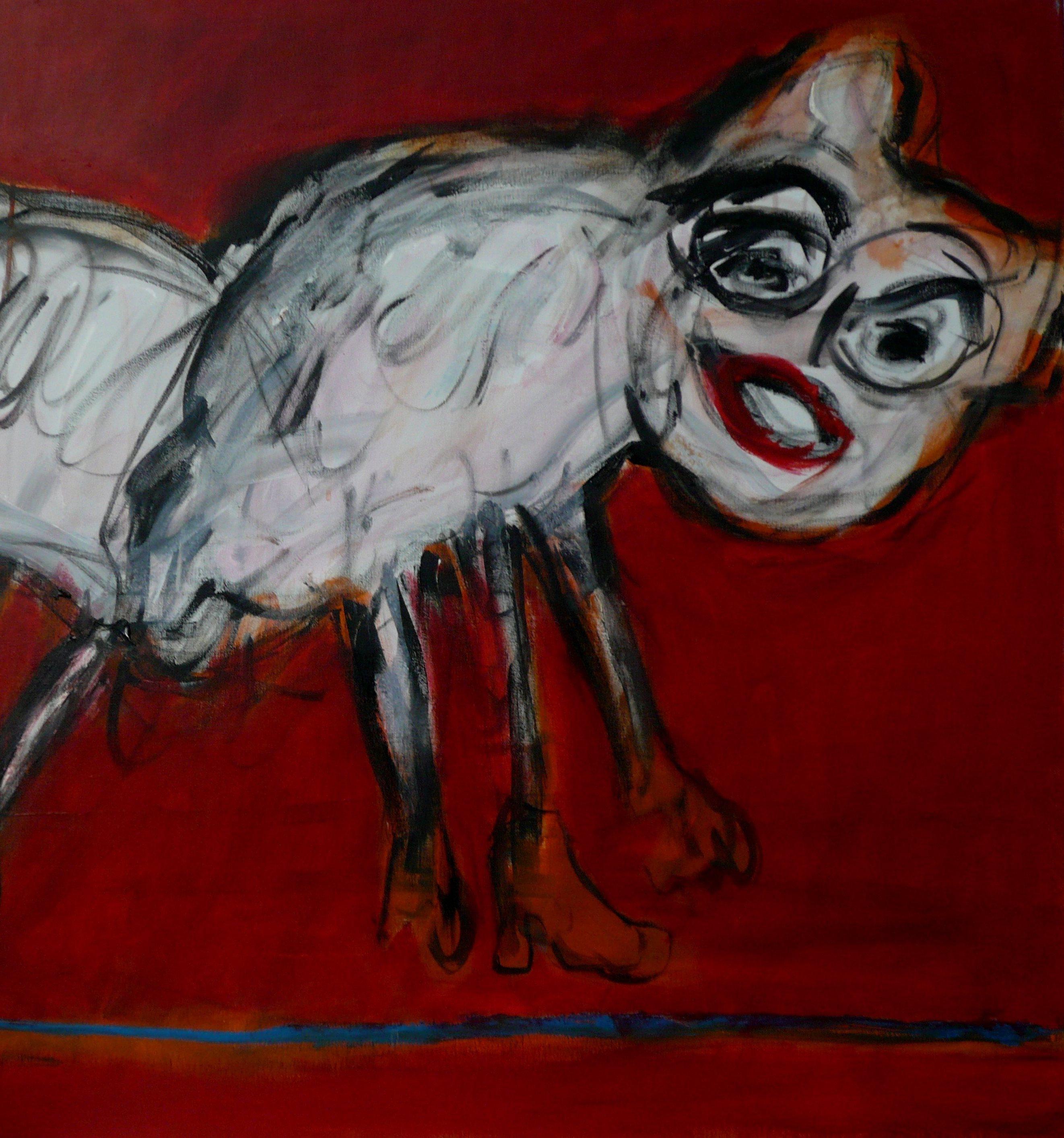 Beasts on a red background Joanna Flatau Contemporary art painting animal humour For Sale 1