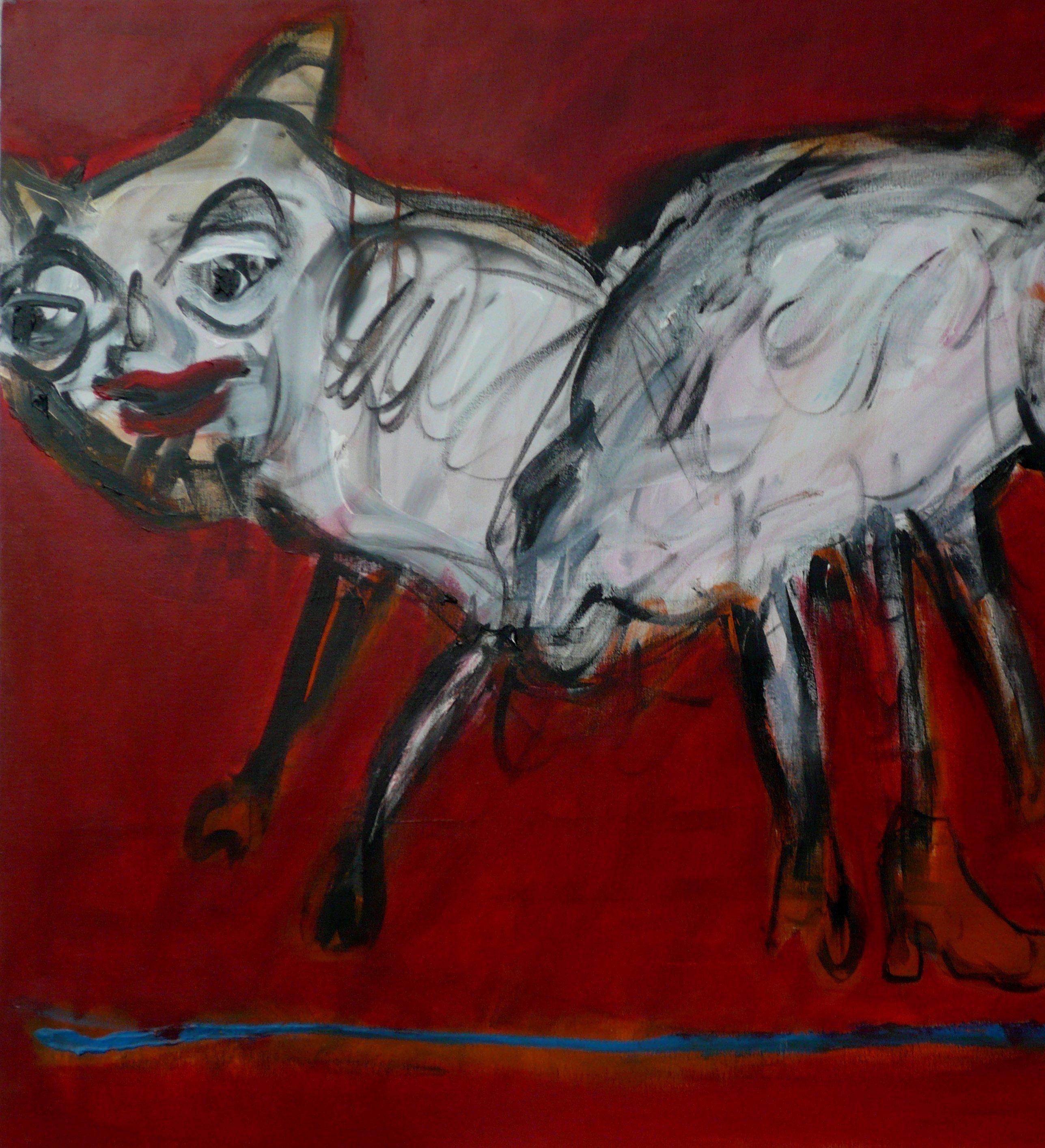 Beasts on a red background Joanna Flatau Contemporary art painting animal humour For Sale 2