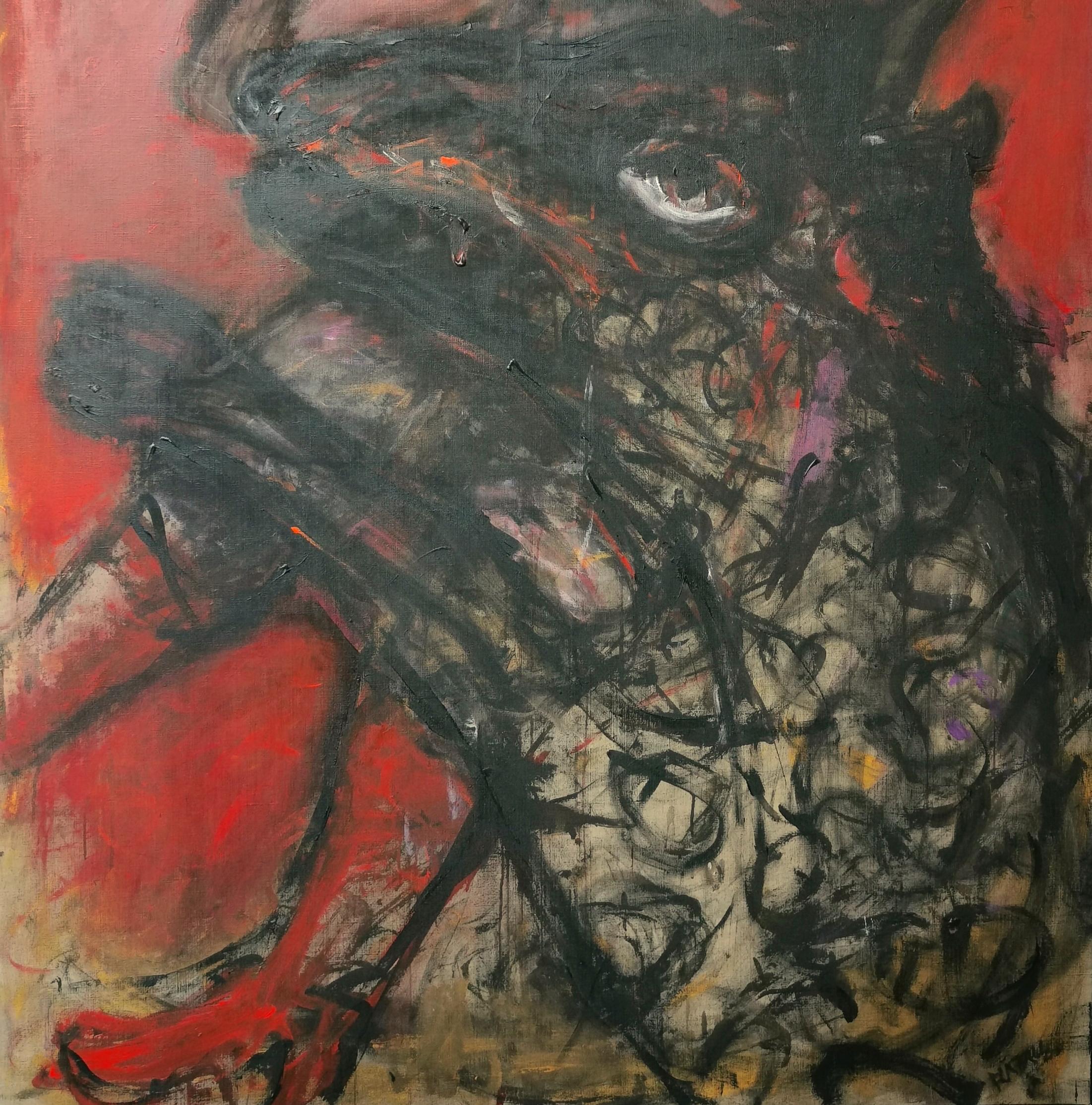 Super Dino Joanna Flatau Contemporary art femme animal peinture rouge humour joie en vente 2