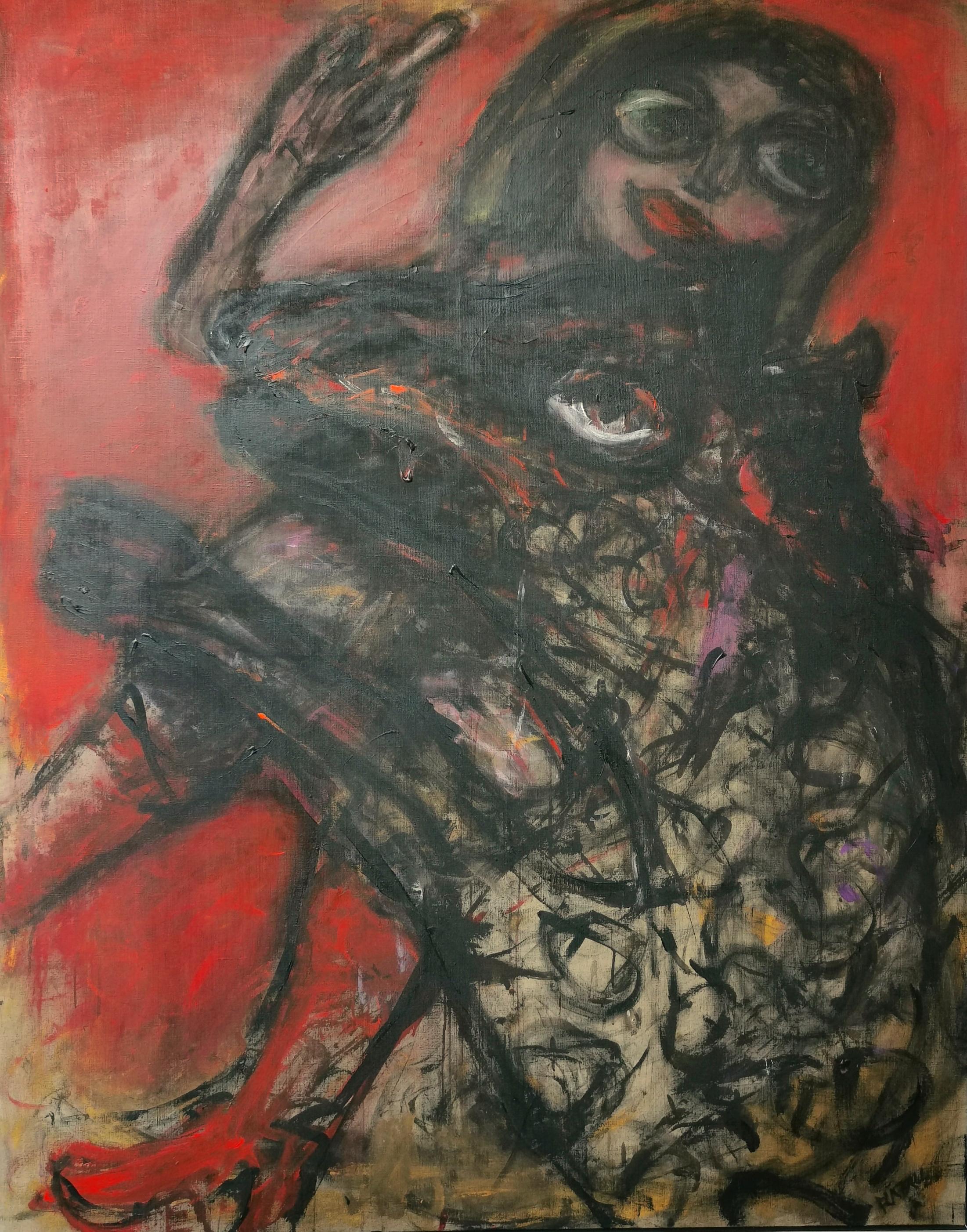 Great Dino Joanna Flatau Contemporary art woman animal painting red humour joy