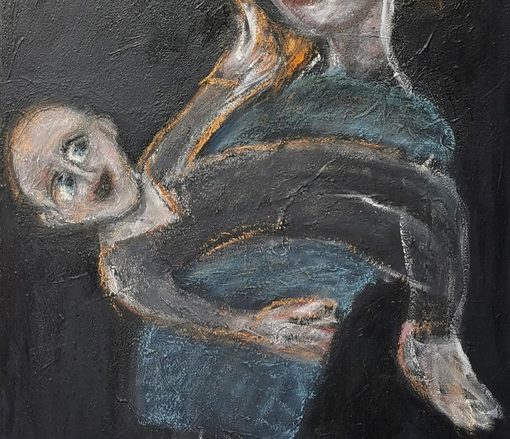 Maternity Joanna Flatau Contemporary art painting polish mother son dark tones For Sale 2