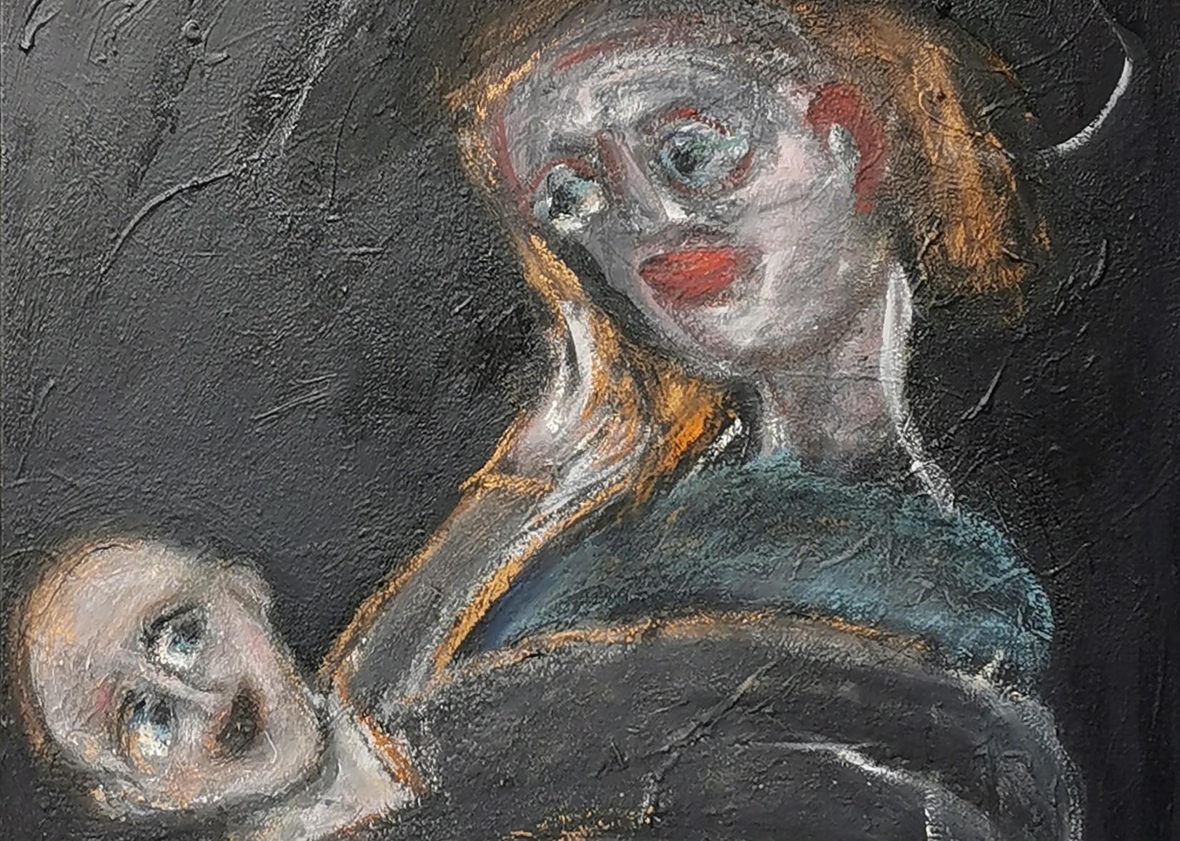 Maternity Joanna Flatau Contemporary art painting polish mother son dark tones For Sale 3