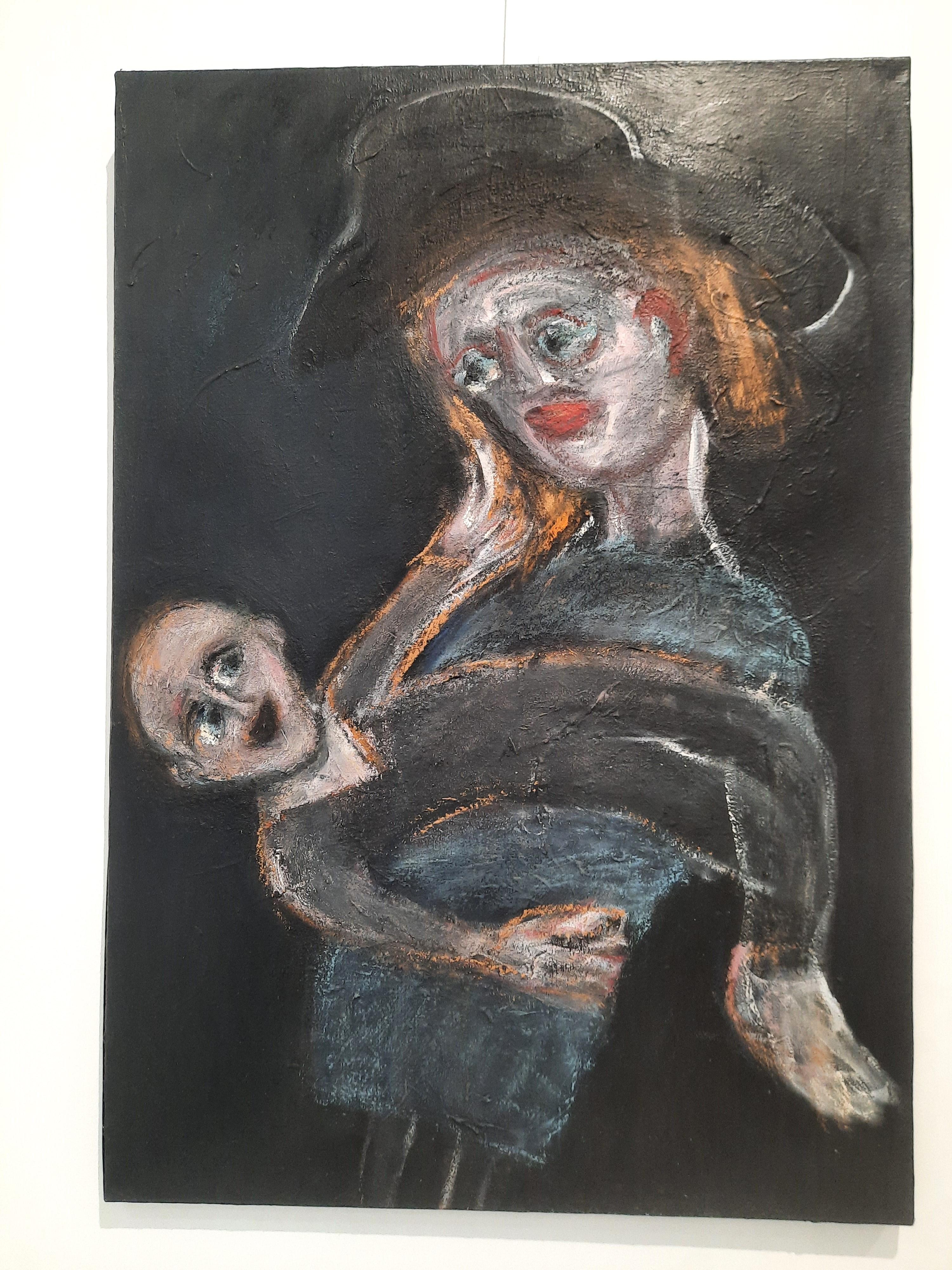 Maternity Joanna Flatau Contemporary art painting polish mother son dark tones For Sale 5
