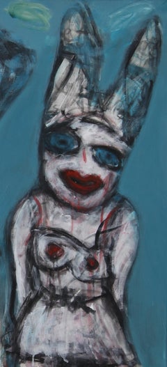 Rabbits Joanna Flatau Contemporary art portrait painting woman blue humour