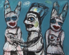 Rabbits Joanna Flatau Contemporary art portrait painting woman blue humour