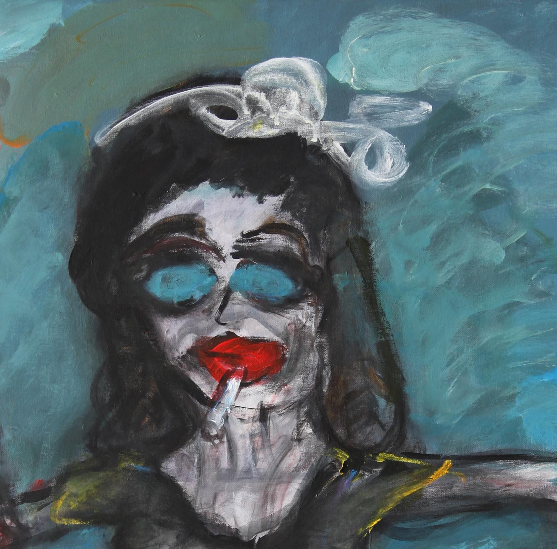 Ride Joanna Flatau Contemporary art portrait painting colour woman dog smoking im Angebot 1