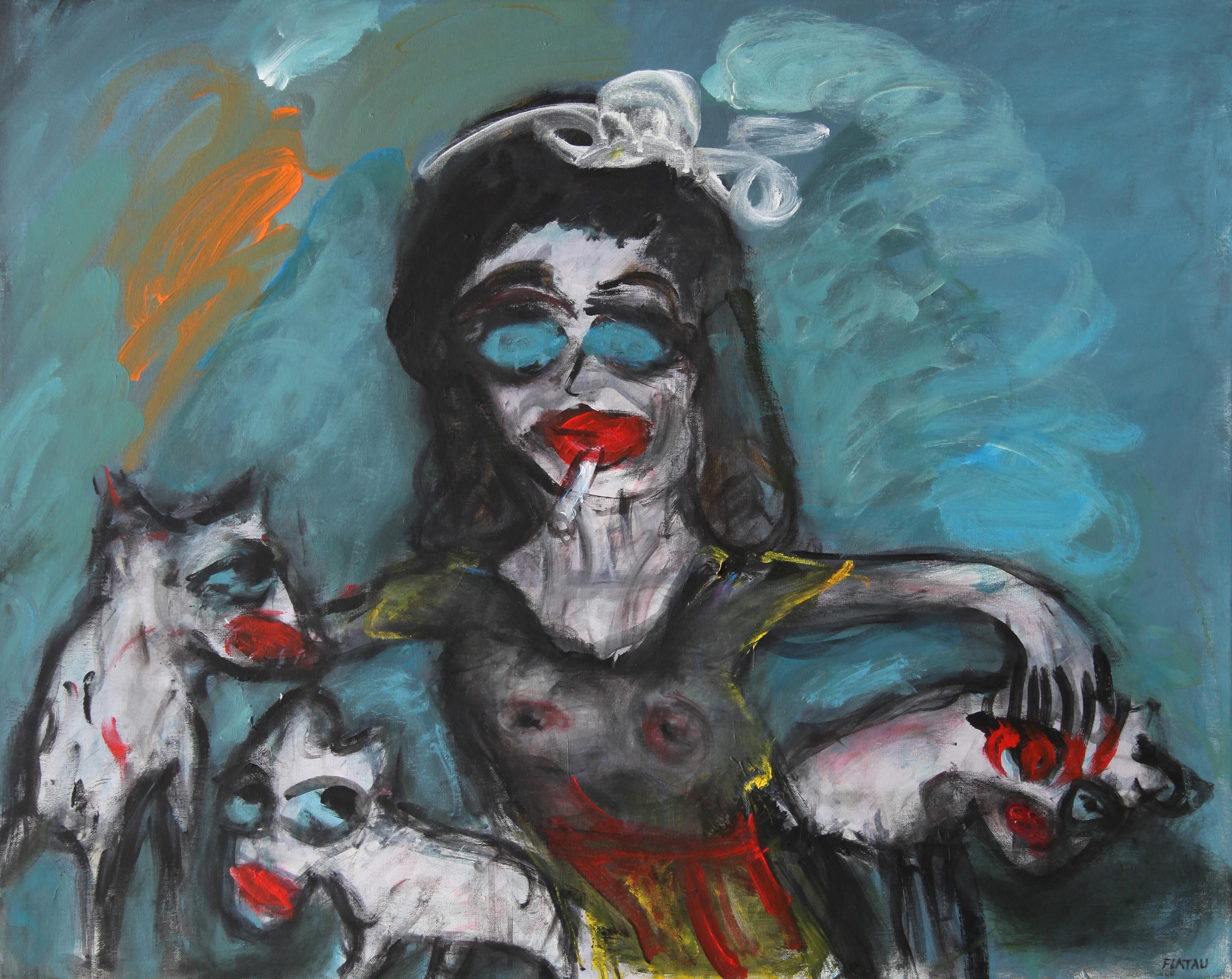 Ride Joanna Flatau Arte contemporanea ritratto pittura colore donna cane fumo