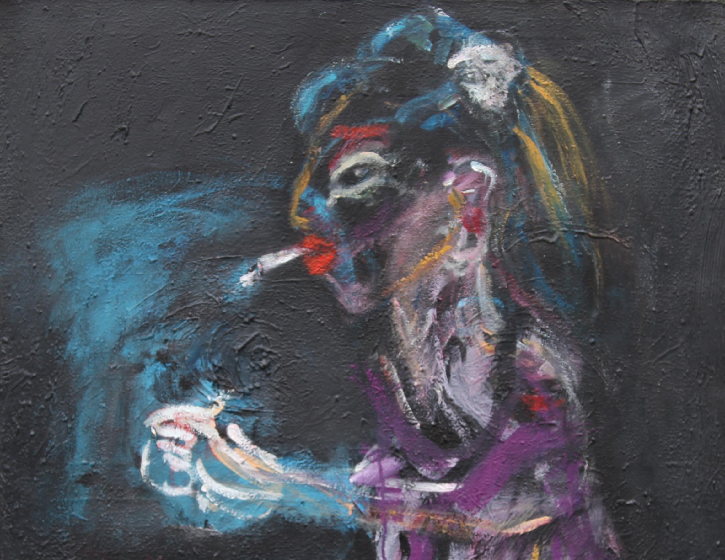Teaser Joanna Flatau Contemporary art polish painting dark tones smoking woman im Angebot 1